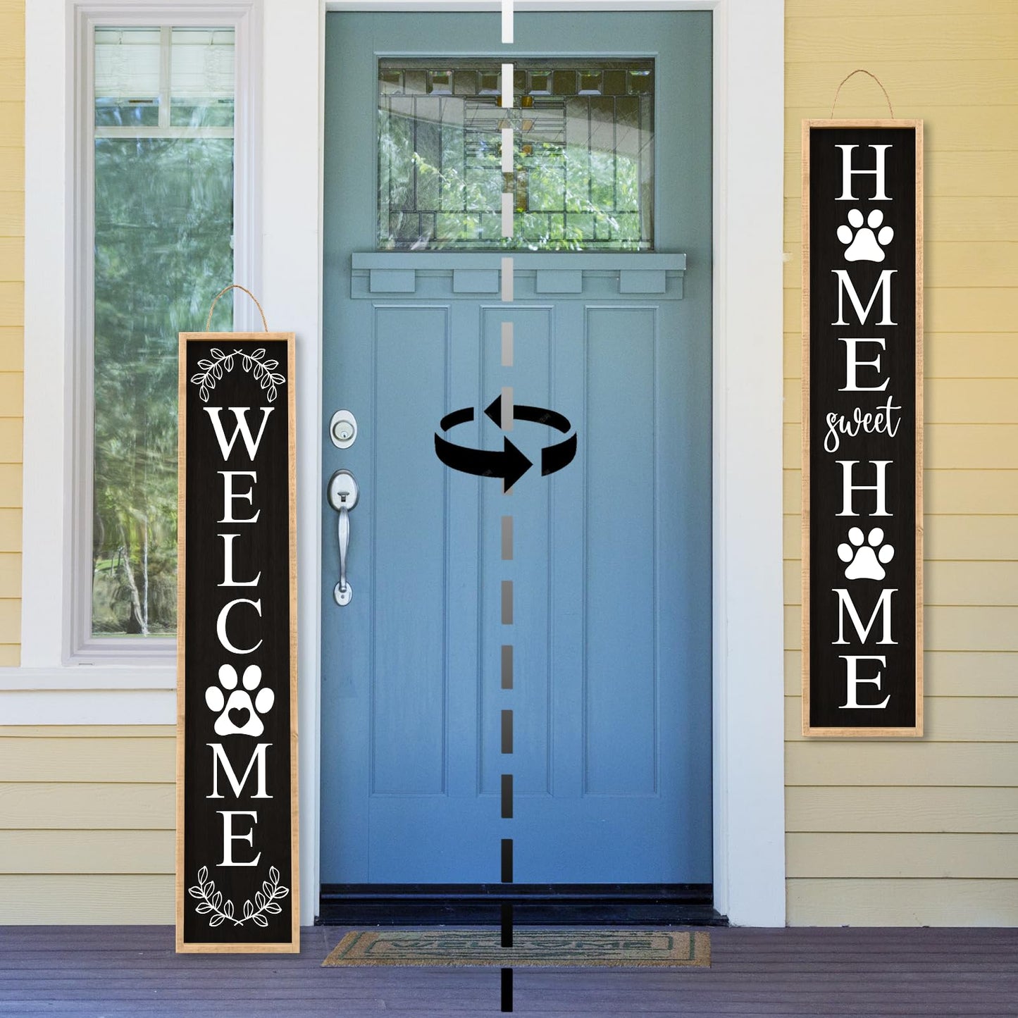 Aurapeak Outdoor Welcome Sign for Front Porch Door Decor, Home Sweet Home Sign Door Outside Standing Large 2 Sided Dog Paw Farmhouse Modern Wooden Frame Vertical Leaner (45"X9" Wood Black)