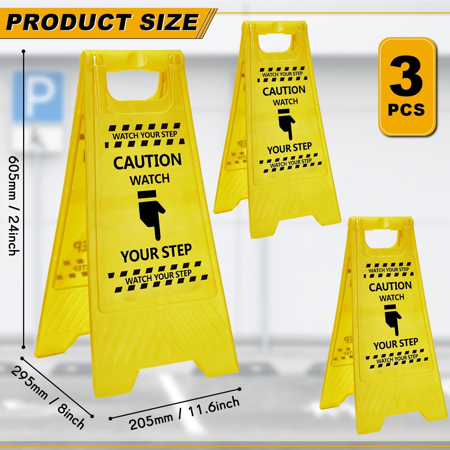 Amylove 3 Pcs Caution Watch Your Step Sign, 24" Height, Safety Bright Yellow Double Sided Floor Heavy Duty A-shaped Frame Design Plastic Warning Caution Sign for Home Yard Outdoor Wet Floor Step