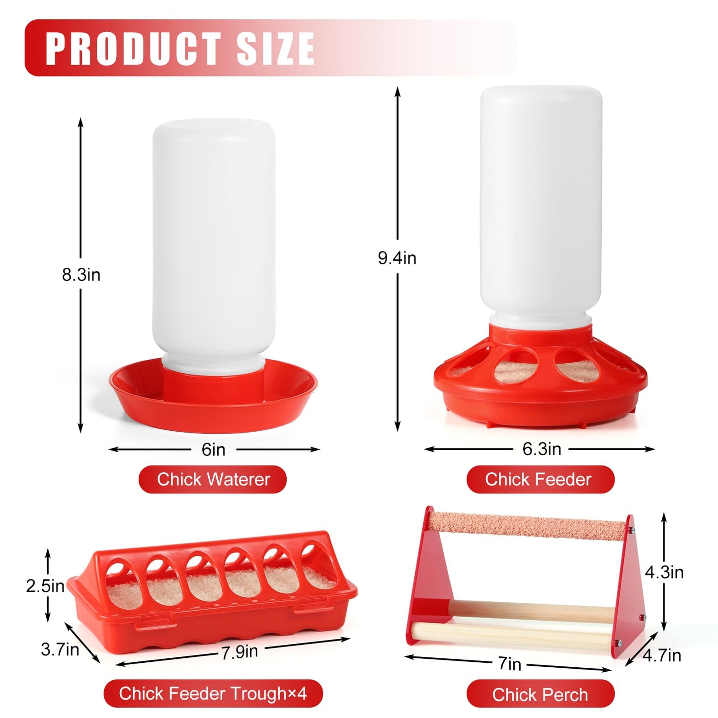 7PCS Chick Feeder and Waterer Kit with Wooden Perch,Baby Poultry Starter Set with Chick Perch for Small Poultry Chicks Ducks Quail Pigeons Birds(Red Chick Feeder Waterer Kit)