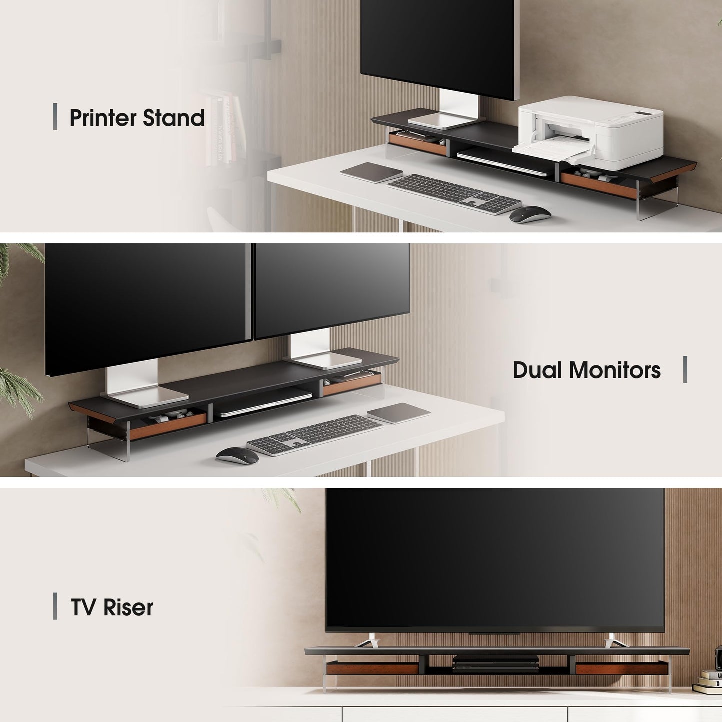 Fenge 42.5” Dual Monitor Stand Riser with 2 Felt-Lined Drawers, Aesthetic Metal and Wood Monitor Shelf with Acrylic Legs, 2-Tier Desk Organizer for 2 Monitors, Laptop, Printer, TV, Black