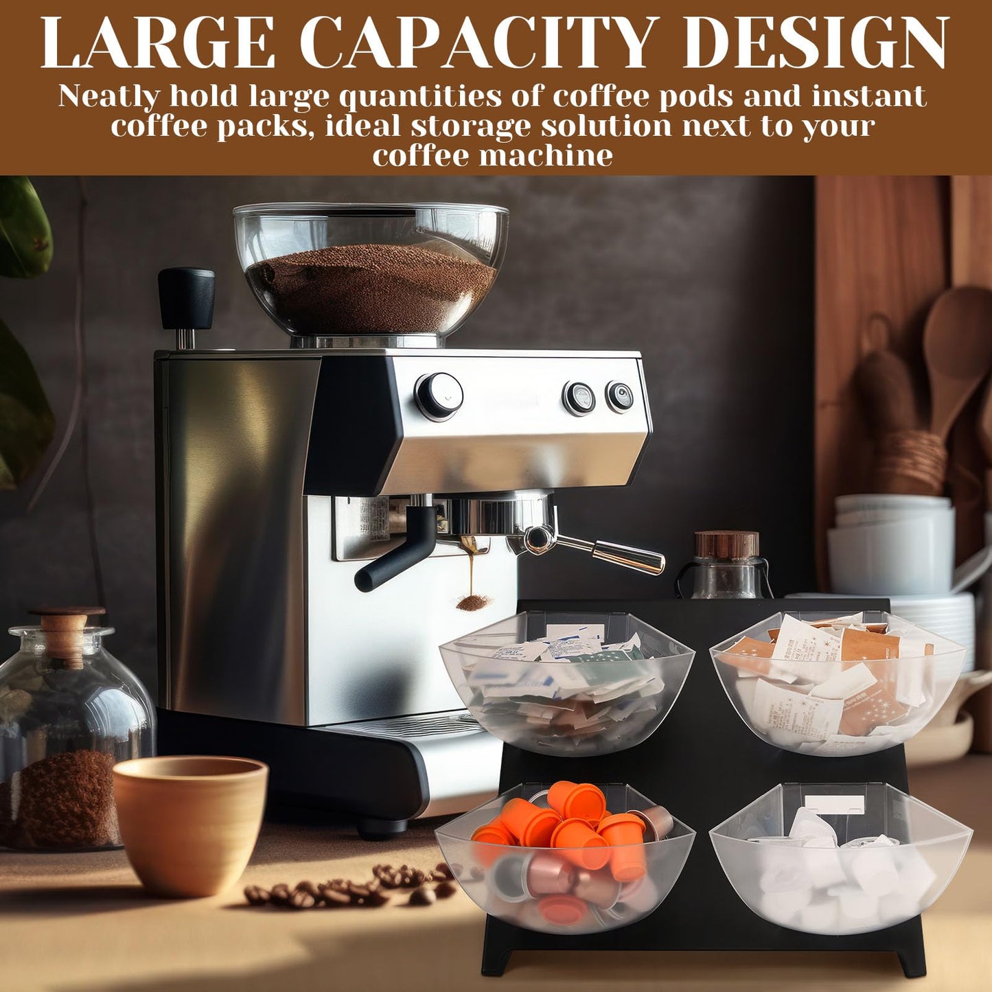 DoubleFill 15.5''x10''x 10.5'' Coffee Condiment Packet Organizer with 4 Removable Compartments Steel Coffee Caddy Station Creamer Sugar Tea Holder for Bar Countertop Office Kitchen Accessories(Black)