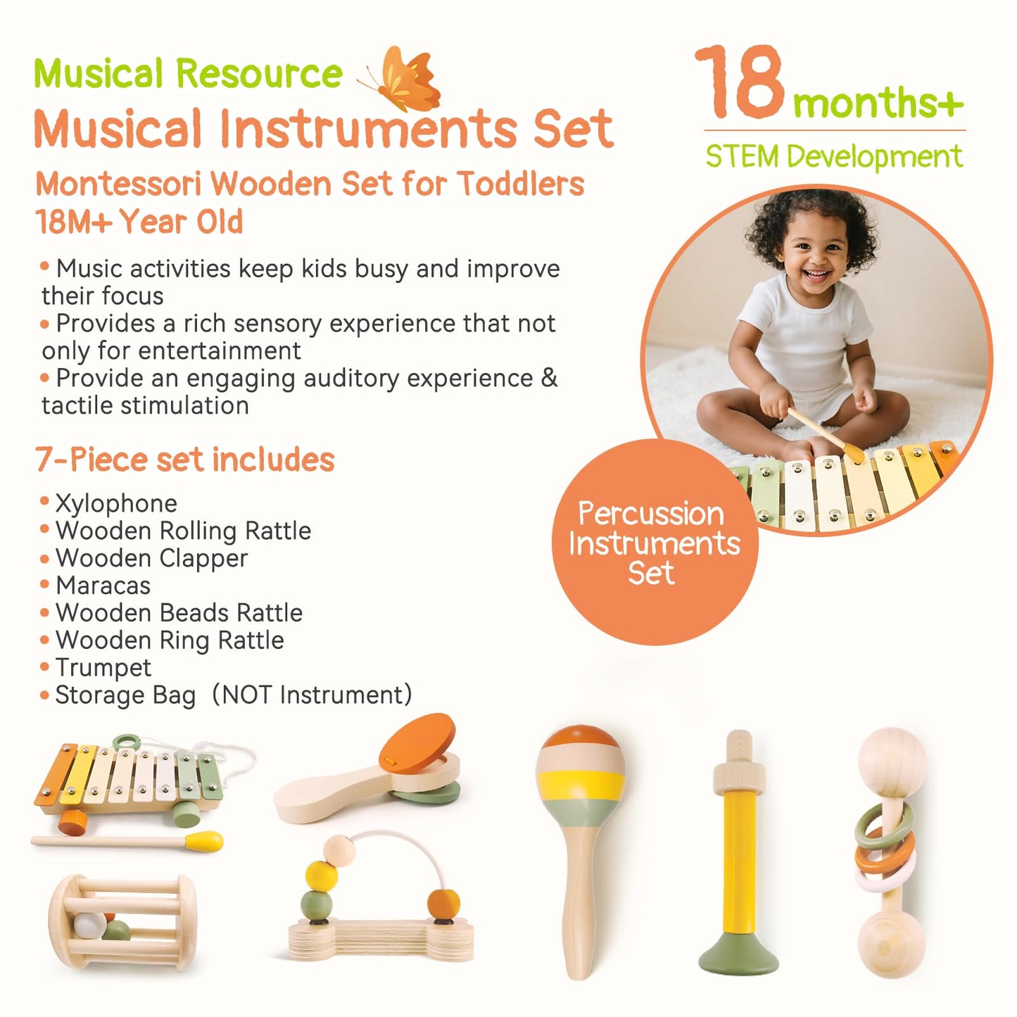 Pajojoqa 7pcs Musical Instruments Set 18M+ Montessori Toys 2 3 4 Neutral Colors Wooden Toys for Toddlers 3-5 Percussion Instruments Modern Boho Xylophone Sensory Gifts Boys Girls