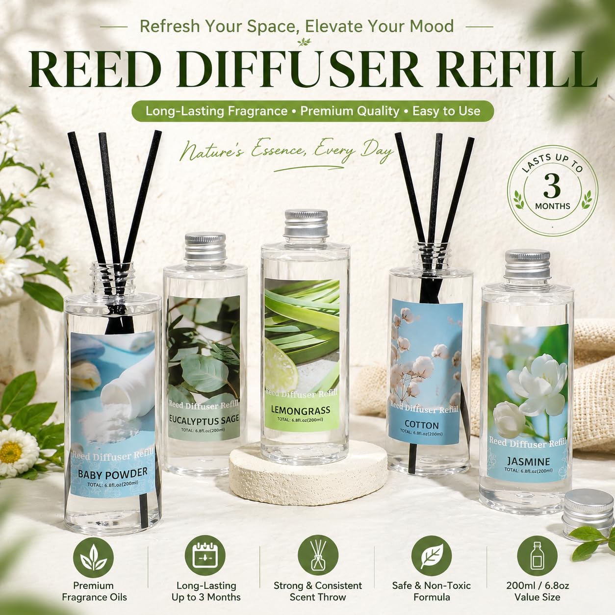SCENTORINI Reed Diffuser Oil Refill, Eucalyptus Sage Diffuser Oil 6.76 Fl Oz, Natural Scented Essential Oil Refill Long Lasting Summer Home Fragrance for Room Spa Aromatherapy Bathroom Home Decor
