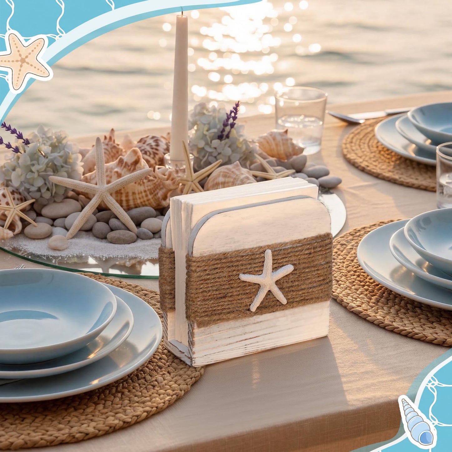 Ferrochef 2 Pack Coastal Natural Napkin Holder for Table, Beach Theme White Wooden Napkin Holders Tissue Dispenser for Table Kitchen Dining Coastal Room Home Decor