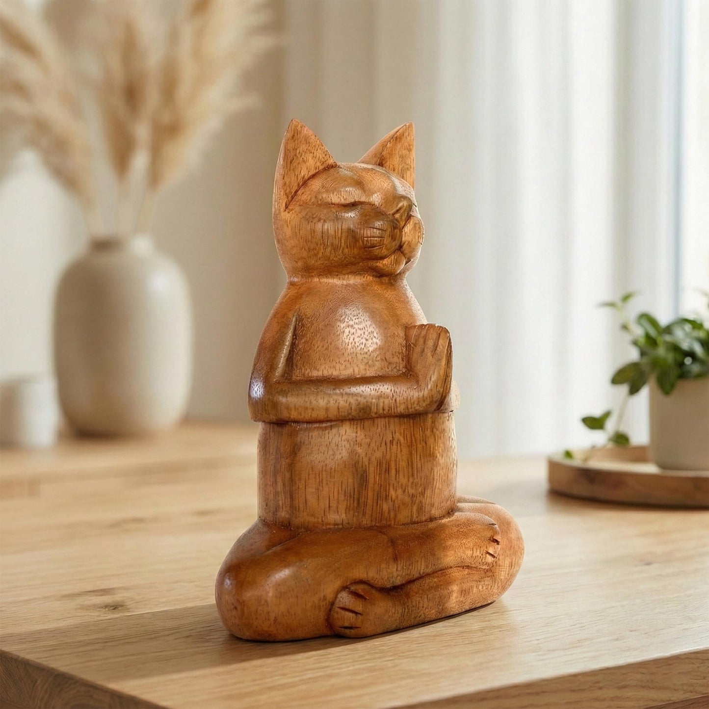 G6 Collection 8" Wooden Hand Carved Siamese Cat Yoga Pose Statue Sculpture Handcrafted Art Decoration Home Decor Accent Decorative Kitty Kitten Figurine Gift Handmade (Fire Log Pose)