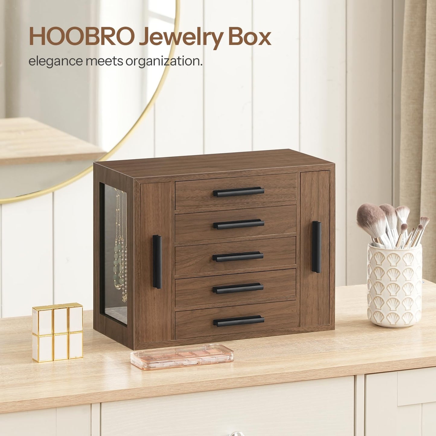 HOOBRO 5-Tier Jewelry Box, Wooden Jewelry Organizer with Transparent Windows and 360° Rotating Jewelry Box, Wooden Jewelry Organizer Bundle, BH19JB04-BH30JB04