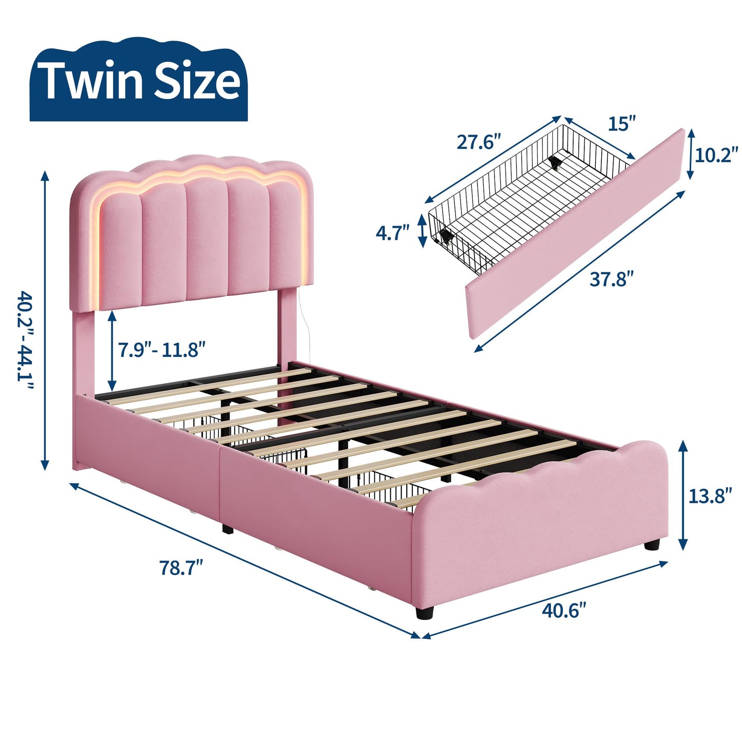 GarveeHome Twin LED Bed Frame, Kids Platform Bed with 2 Large Storage Drawers, Velvet Upholstered Princess Bed for Girls & Boys, Wooden Slats Support, No Box Spring Needed, Easy Assembly, Pink