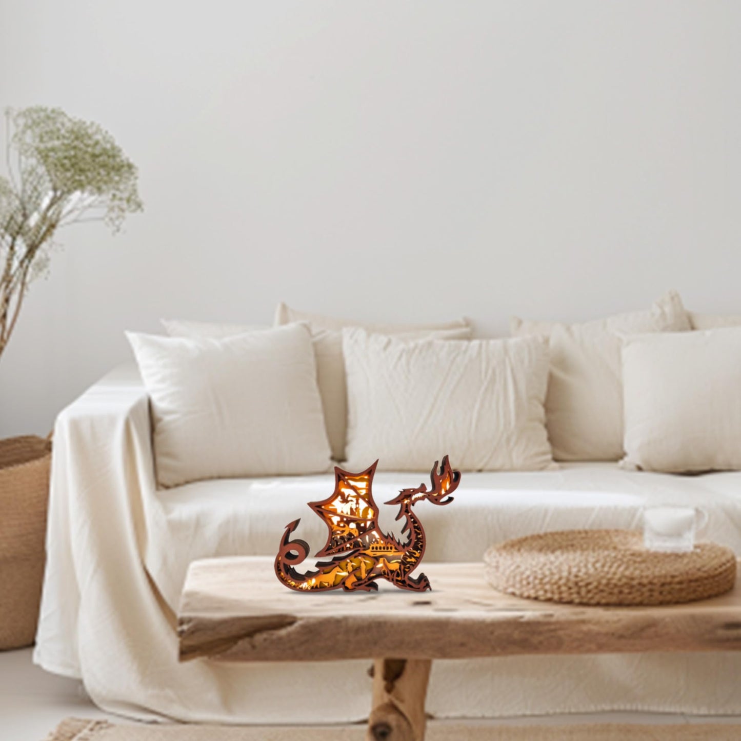 3D Wooden Animals Carving LED Night Light, Dragon Decor Wood Carved Lamp Cabin Statues Rustic Figurines Wall Hanging Sculpture Silhouette Ornament for Living Room Bedroom Home Room for Birthday Gifts