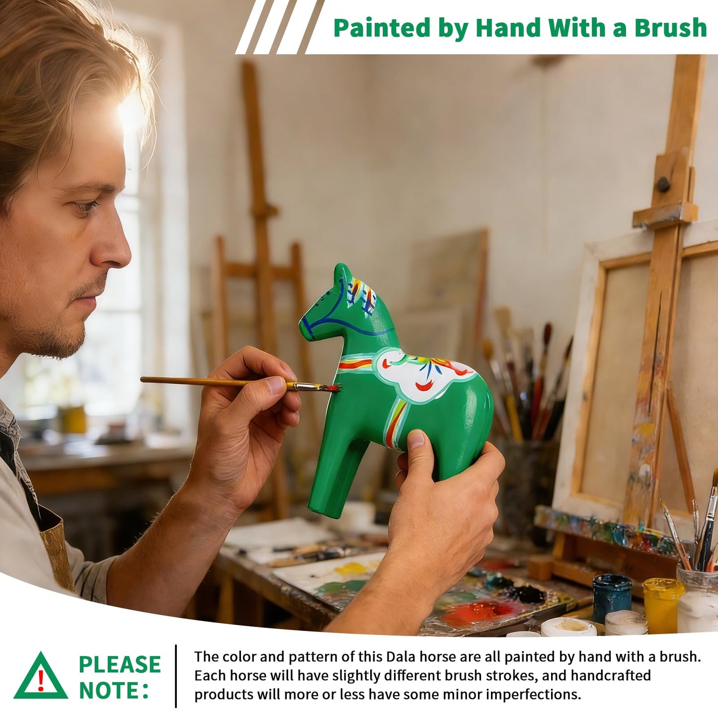 GUMQDD Set of 2 Hand Painted Swedish Wooden Dala Horse Figurines 9.4"/6.3", Dala Horse Gifts, Suitable for Family Living Room & Home Decoration (Green)