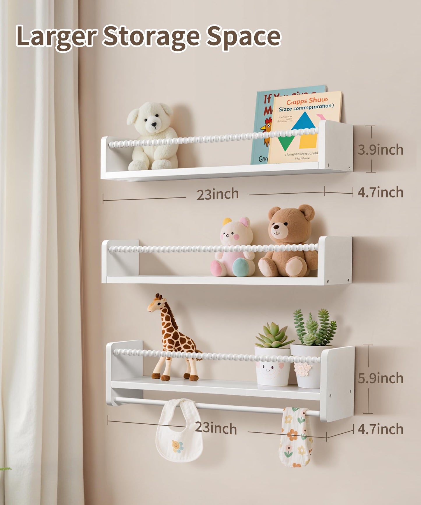 Maxpeuvon 23 Inch Kids Bookshelves Set of 3, Natural Wooden Floating Shelves Wall Mount Storage Organizer Shelf with Towel Bar Hanging Bookshelf for Kid Room Bedroom Living Room Decor, White