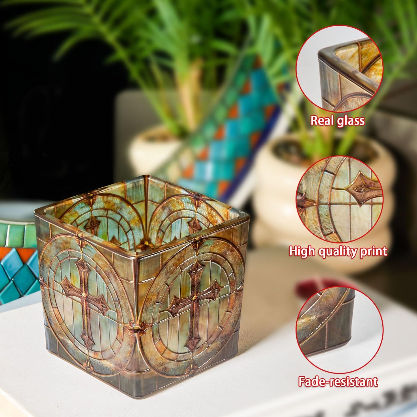 Square Glass Vanity Organizer Religious Cross Altar Ofrenda Qtip Holder Makeup Brush Holder Pen Cup Tealight Candle Holder Table Decor Green
