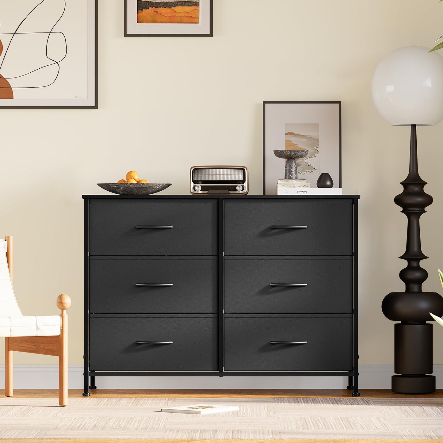 DUMOS Black Bedroom Dresser for Closet, Fabric Dresser, Chest of 6 Drawers