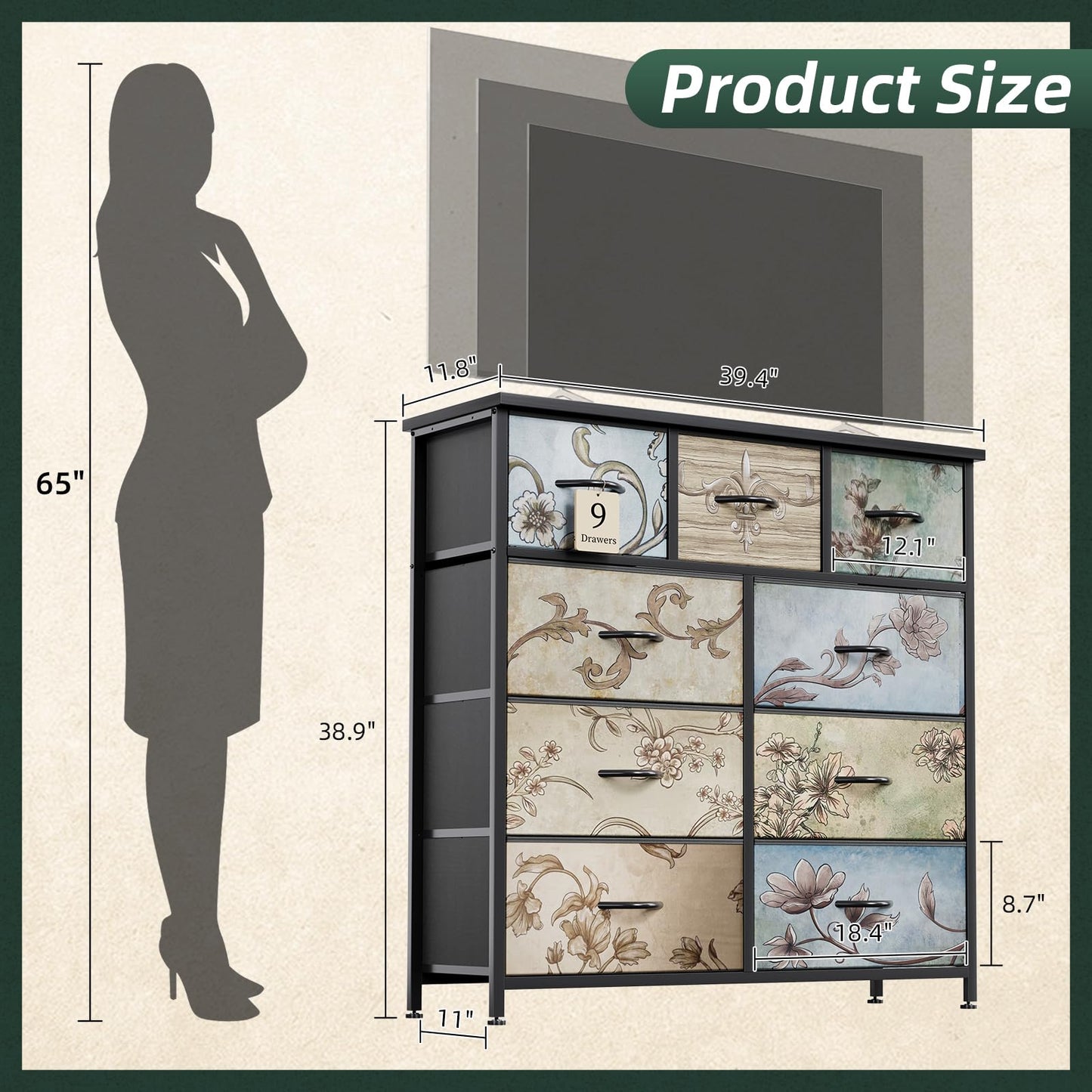MUTUN Drawers Dresser for Bedroom,Wide Chest of Drawers for Closet, Clothes, TV Stand with Storage Drawers, Wood Board, Fabric Drawers,Floral Painted (9 Drawers)