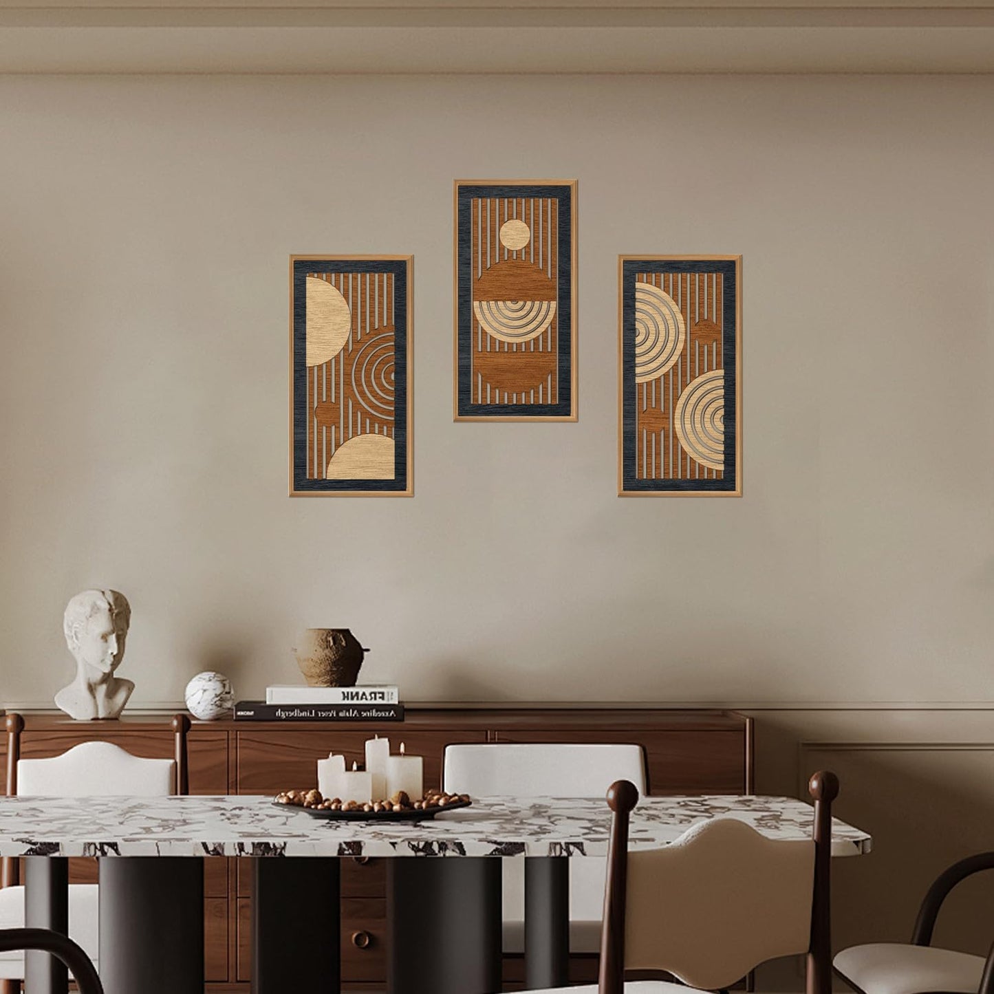 IARTTOP 3Pcs Mid Century Modern Wall Decor Framed Geometric Wood Wall Art Set Minimalist Abstract Line Panel Hanging Decor for Living Room Bedroom Office 8 x 16 Inch