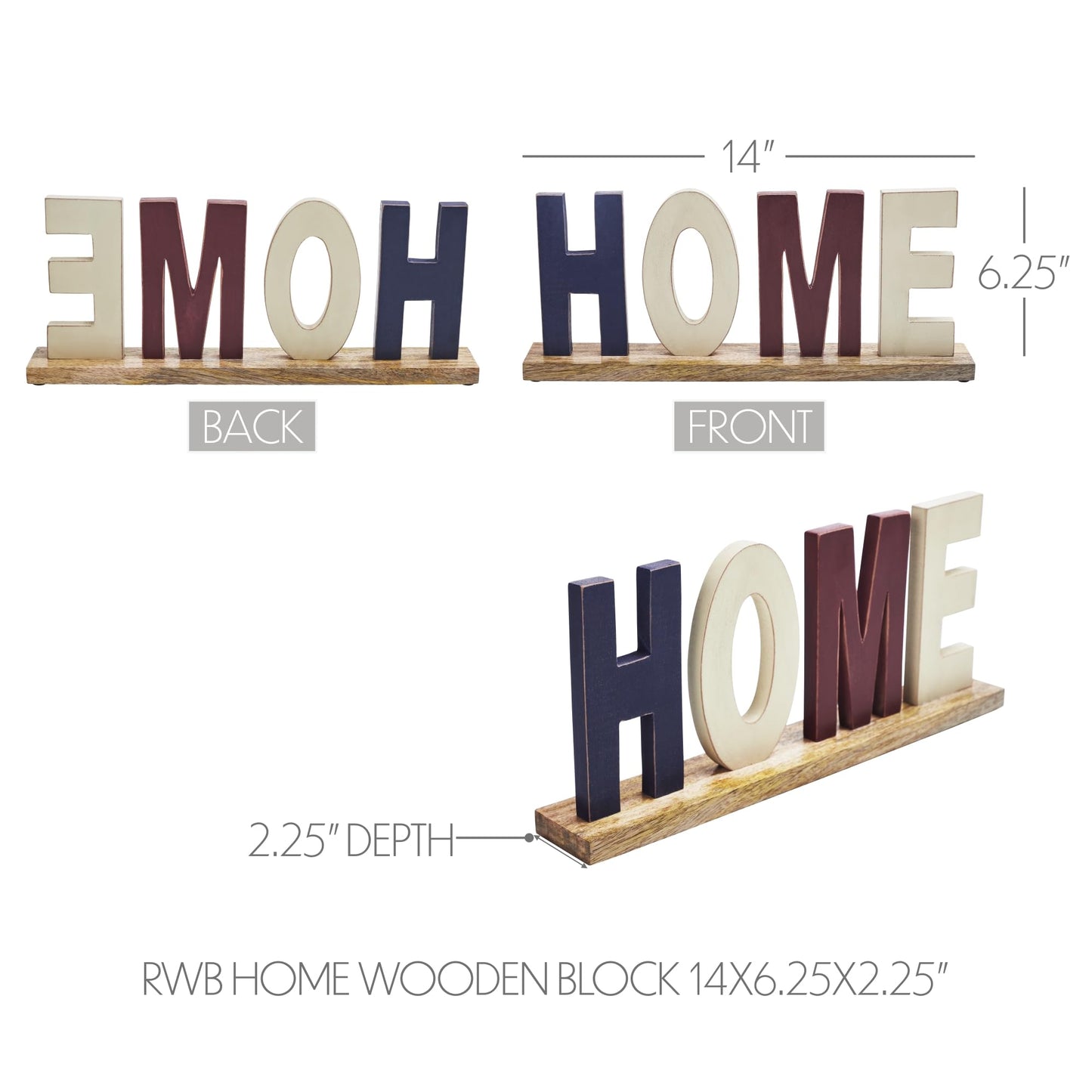 VHC Brands Patriotic RWB HOME Wooden Block 14x6.25x2.25, Independence Day Decor, Red, White and Blue Home, MDF Figurine, Rectangle Shape, Americana, Dark Creme