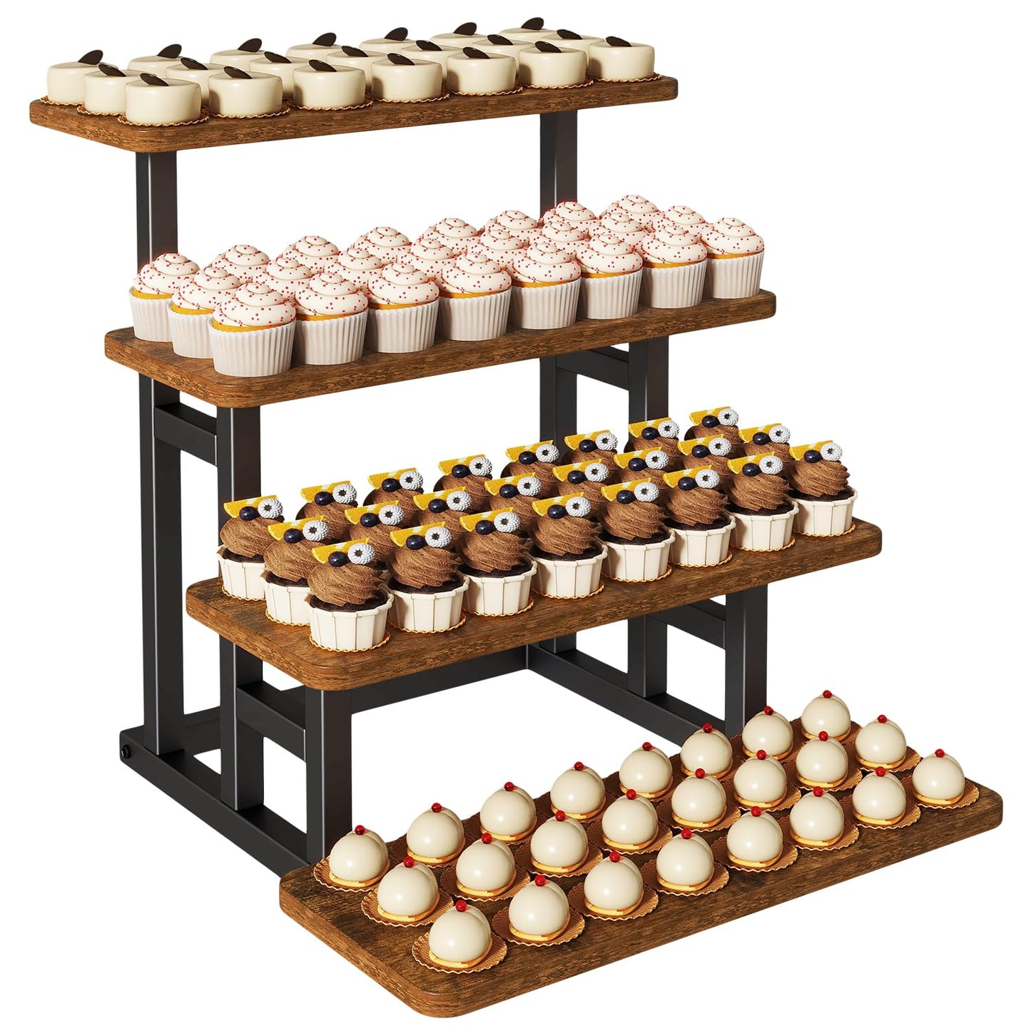 IBUYKE 4 Tier cupcake stand,Wooden Risers Display Stands,Tiered Display Stand for food,Dessert Table Display for Party,Afternoon tea, Family Gatherings,Rustic Brown UTLJ018H