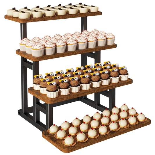 IBUYKE 4 Tier cupcake stand,Wooden Risers Display Stands,Tiered Display Stand for food,Dessert Table Display for Party,Afternoon tea, Family Gatherings,Rustic Brown UTLJ018H