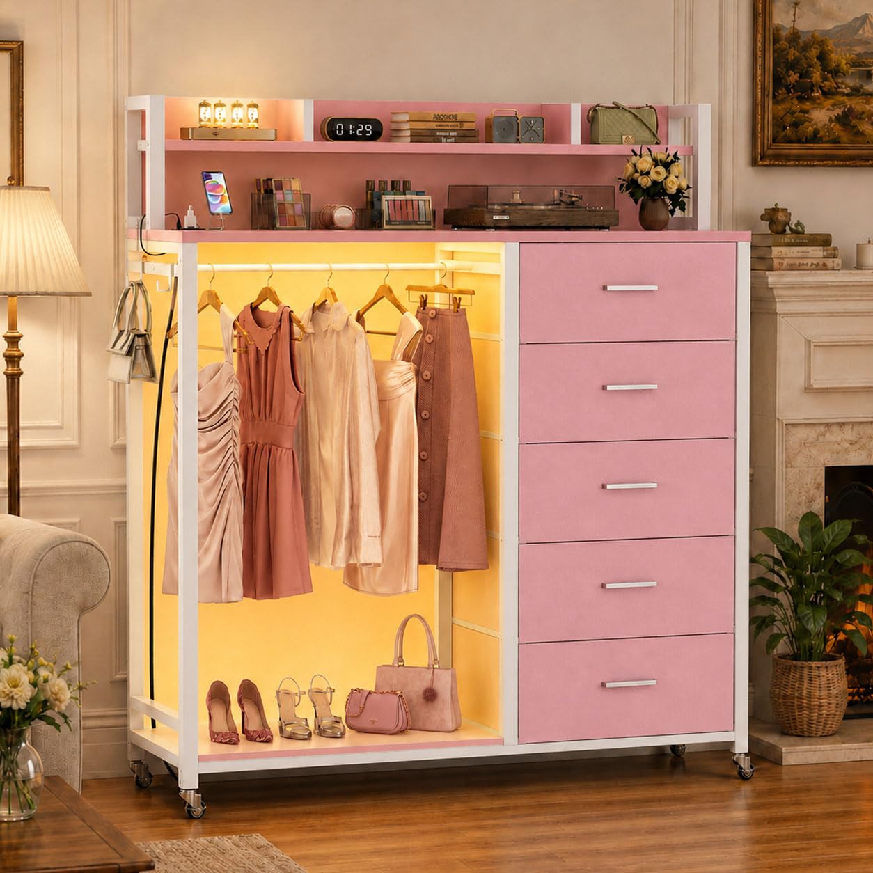 Cyclysio Clothes Rack with 5 Drawers and Shelf, Garment Rack with Charging Station & LED Lights, Fabric Chest Shelves Clothing Hanging Rack, Wooden Portable Wardrobe Closet