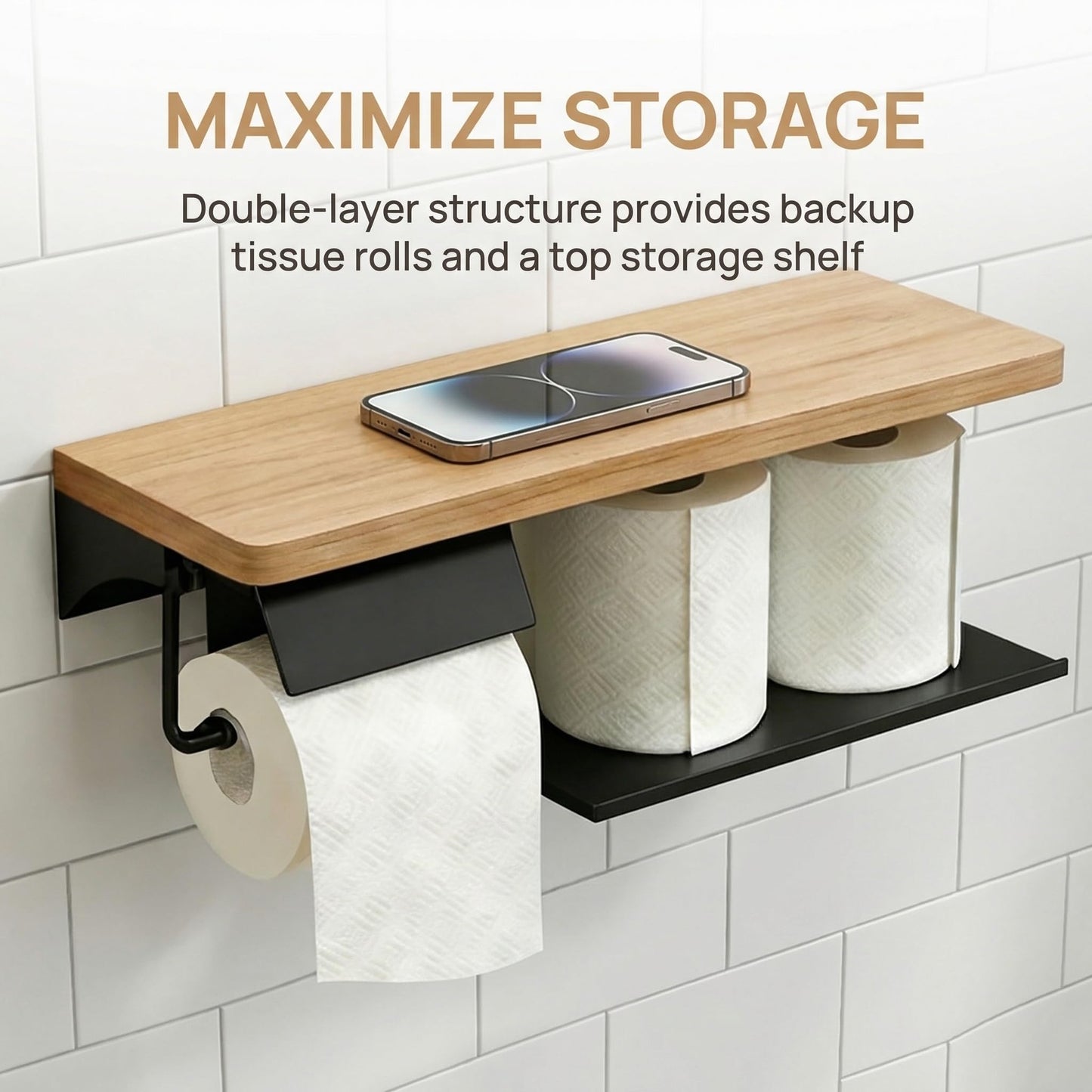 guowanpp Toilet Paper Holder with Shelf - 2 Tier Wood Toilet Paper Holder Wall Mount for Bathroom, Rustic Natural Wood Double Toilet Paper Holder, Smart Bathroom Organizer with Shelf