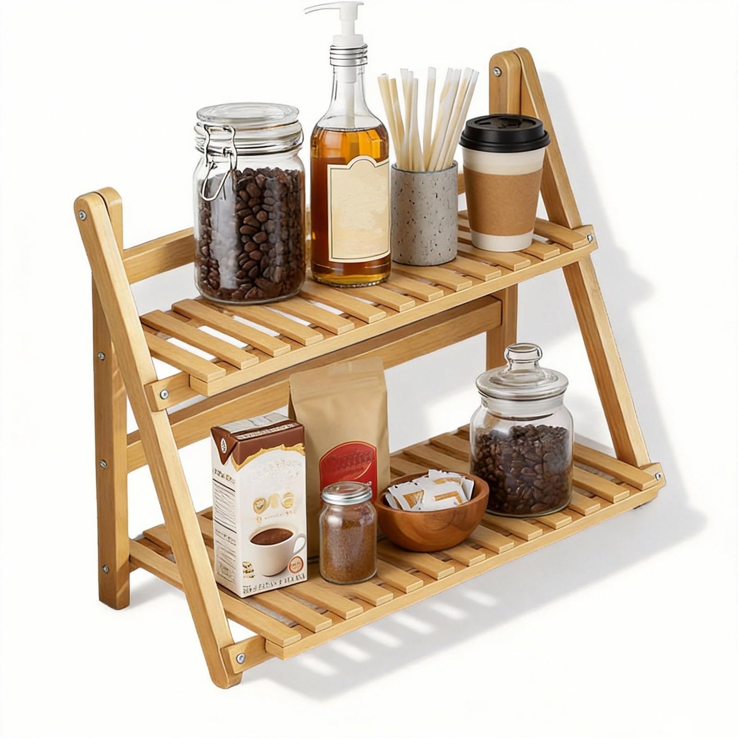 Winmist Glimpse Wooden Matcha Station Shelf, 2 Tier Natural Finish Bamboo Countertop Organizer, 15.7x13.8x7.5 Inch Coffee Bar Display Stand for Mugs, Condiments, Tea & Kitchen Accessories