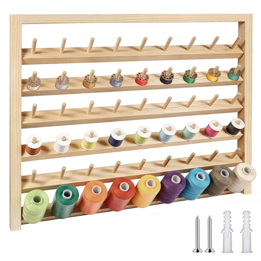 Wettin Premium 54 Spools Wooden Thread Rack – Wall Mounted Sewing Thread Holder Organizer for Craft Room, Embroidery, Hair-braiding & Jewelry Hanging, Includes Hanging Hooks
