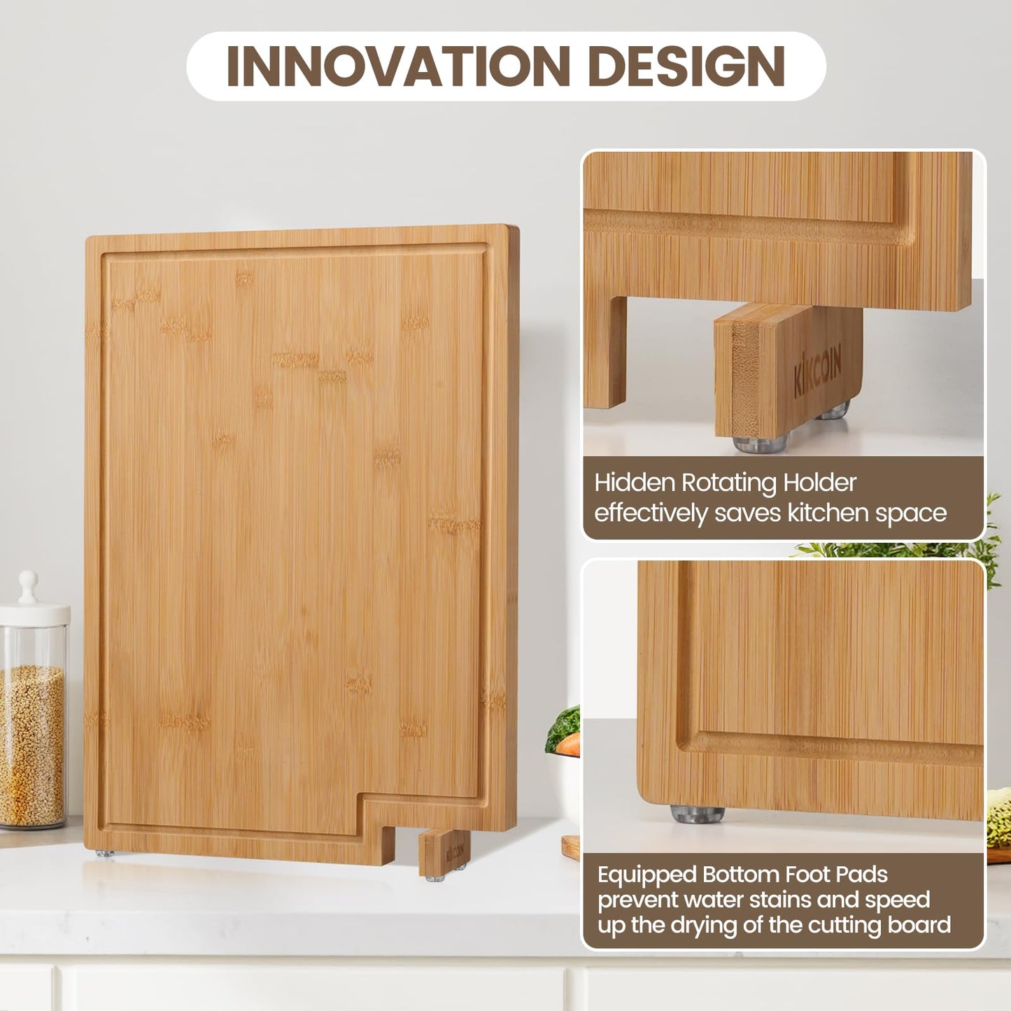 Kikcoin Bamboo Cutting Boards for Kitchen, Extra Large Wood Cutting Board with Rotating Kickstand & Juice Groove, Wooden Chopping Board for Meats Veges Fruits, Heavy Duty Serving Tray, 17 x 11.3 inch