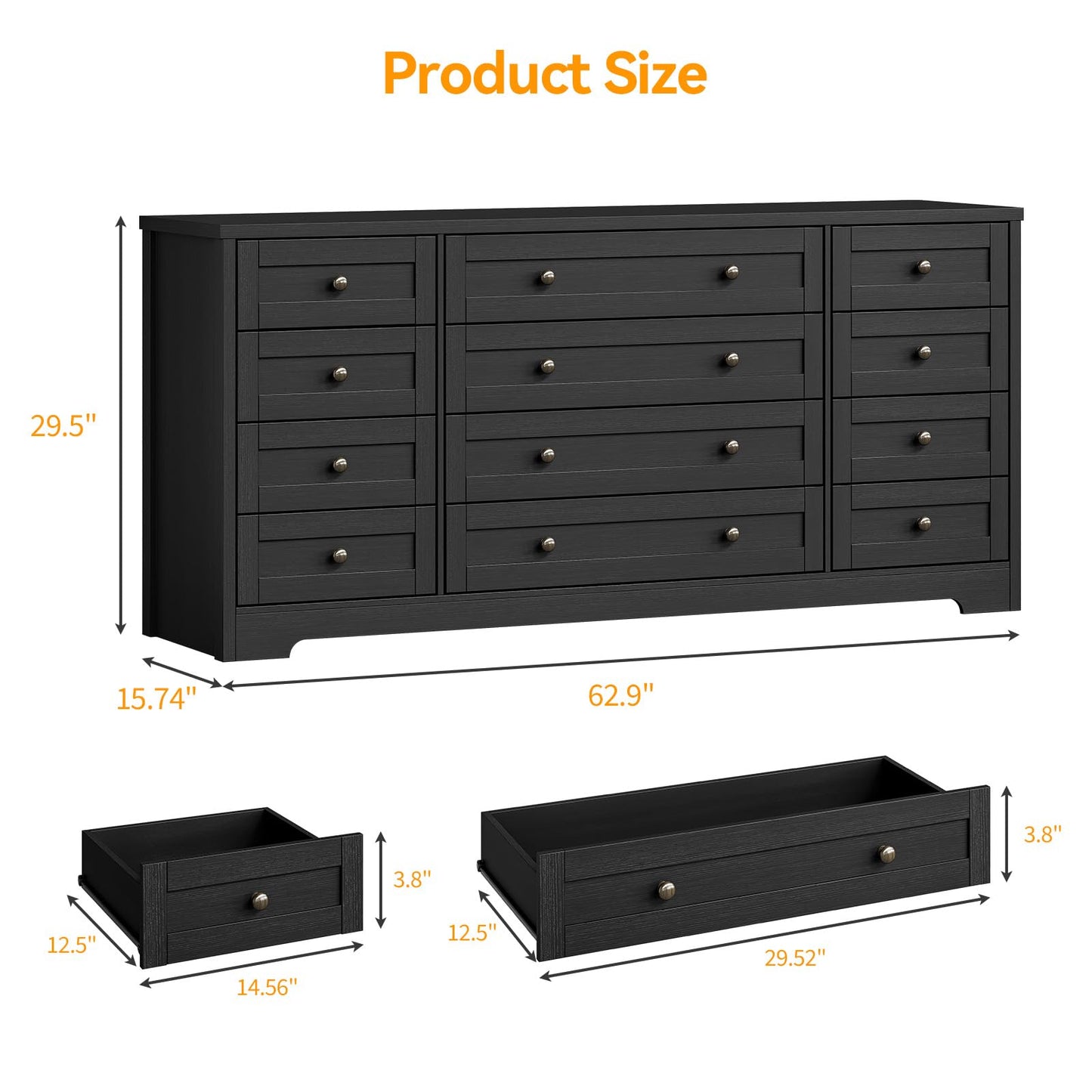 Garvee 12 Drawer Wooden Dressers for Bedroom, Black Dresser for Adult Bedroom, Modern Wood Chest of Drawers for Living Room, Closet, Entryway, Hallway, Farmhouse Wide TV Stand for 65 Inch TV