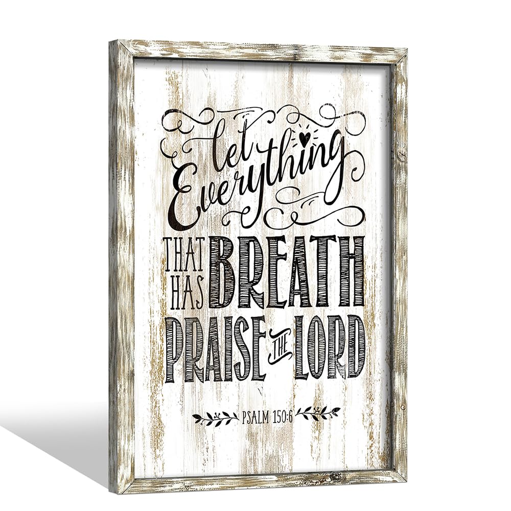 Inspirational Bible Verses Wall Art: Wooden Christian Signs Framed Print Decor Religious Scripture Artwork Psalm 150-6 Lord Quotes Picture for Bedroom Living Room Home