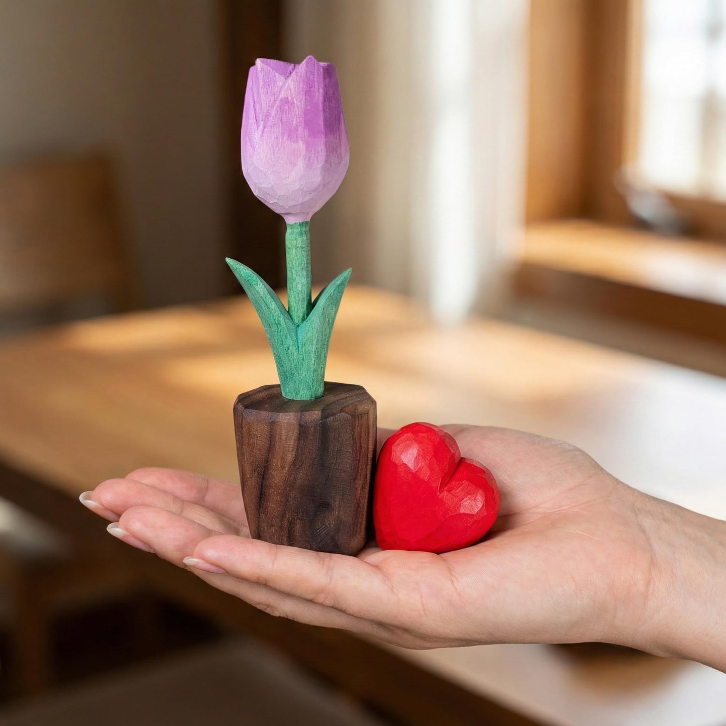 Hand Carved Wooden Tulip Flower with Red Heart Figurine in Gift Box - Everlasting Wood Sculpture for 5th, Valentine’s Day - Painted Faceted Floral Art (Lavender Purple)