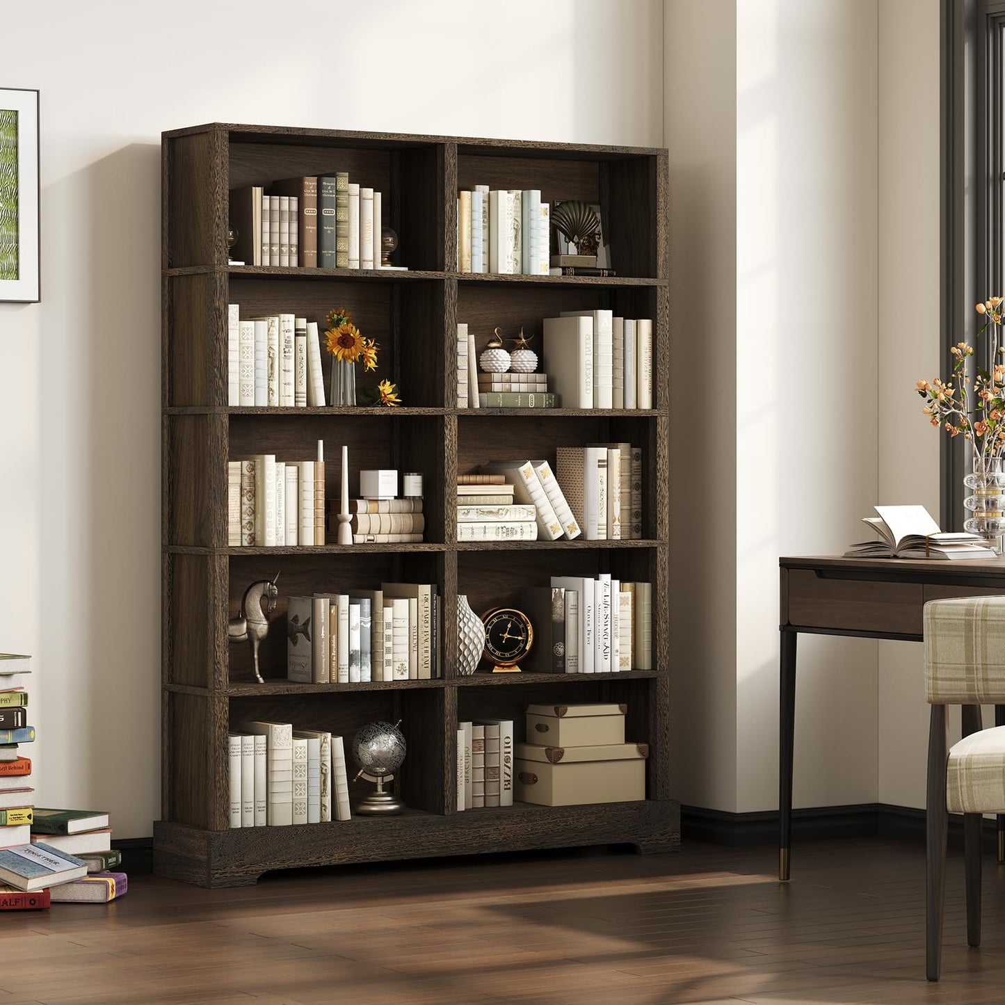 TVU 5-Tier Wood Book Shelf, 47" Wide Large Bookcase and Bookshelf, 64" Tall Bookcase with Storage, Freestanding Wood Display Book Shelves for Living Room, Home Office, Walnut