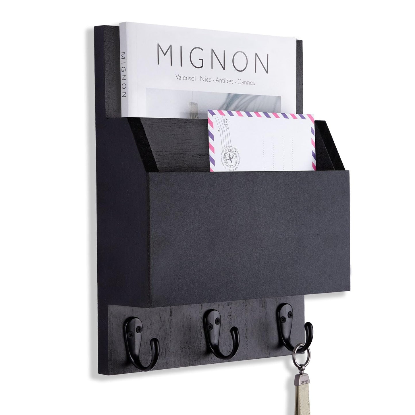 Lucundm Key and Mail Holder for Wall Mount, Entryway Mail Holder with 2 Slot, Key Holder with 3 Sturdy Hooks for Coat, Dog Leash, Decorative Key Rack (8.86”W x 11.42”H x 3”D) (Black)