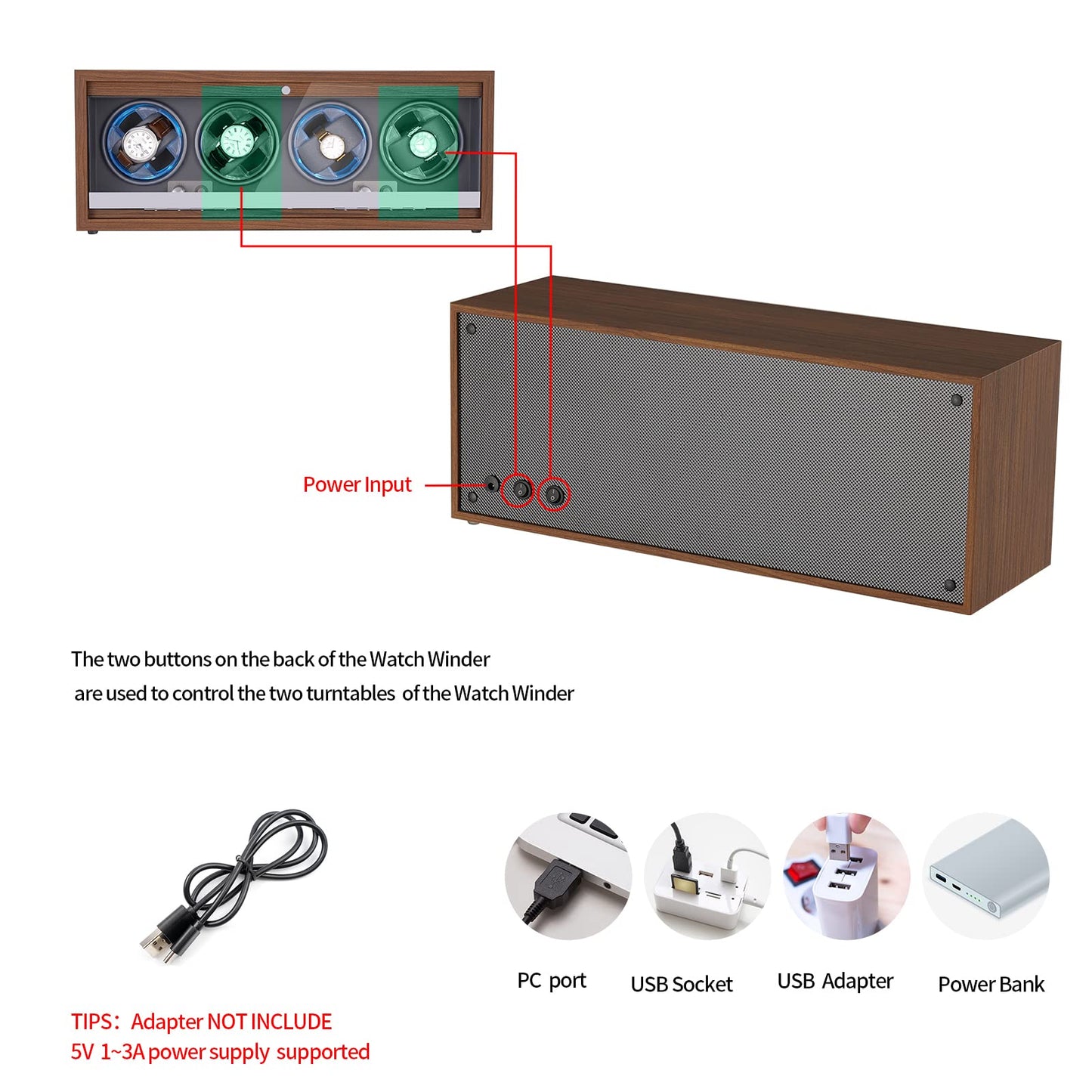 LALAHOO Watch Winder for Automatic Watches, Ultra Quiet Motor for 4 Watches with LED Lights, Automatic Watch Winder with 4 Rotation Modes