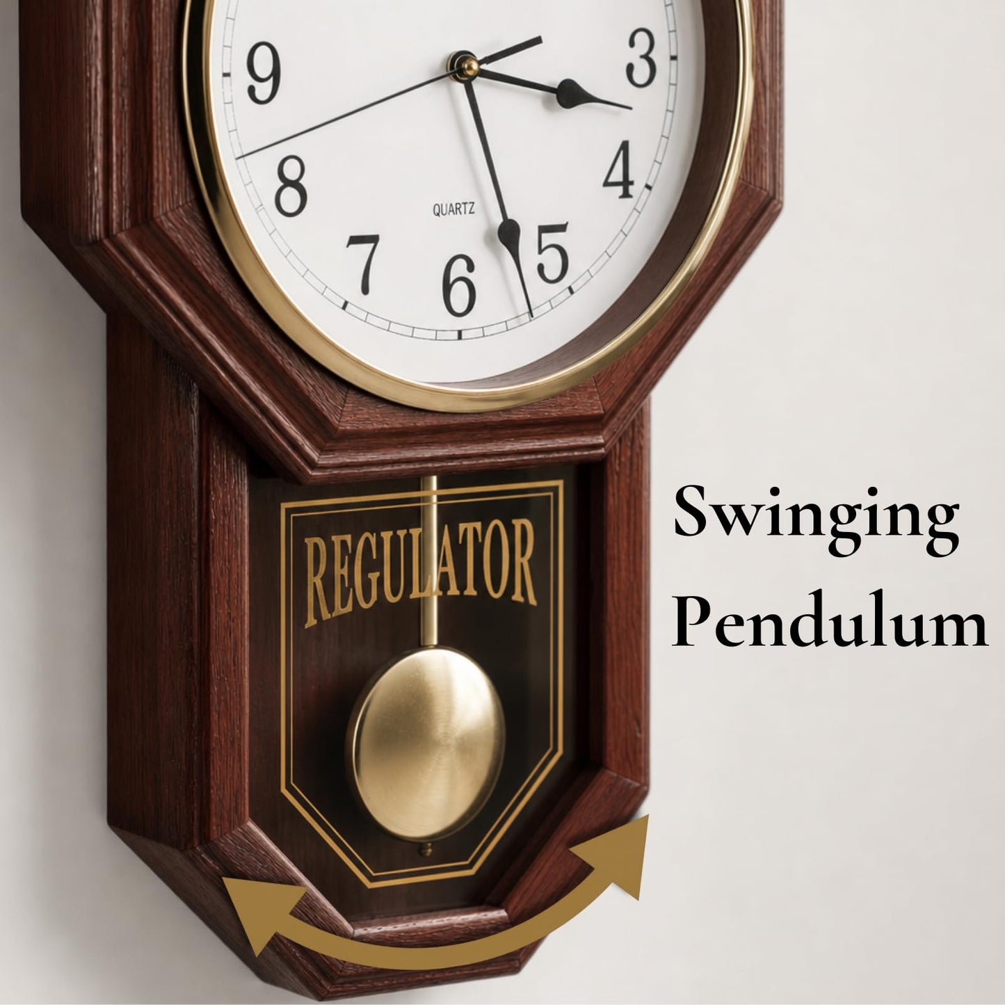 Pendulum Wall Clock - Real Wood Regulator Clock - Schoolhouse Design - Quiet, Non-Chiming, Wooden & Battery Operated - Decorative Wall Decor for Living Room, Home, Office 18x11