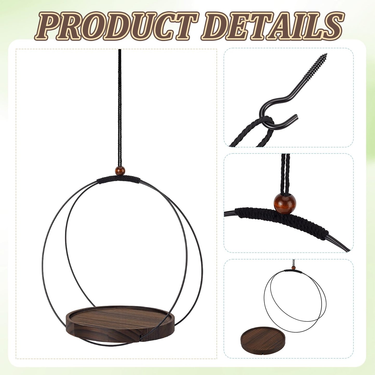 peacoblue 4 Pack Hanging Planters for Indoor Plant Hanger with Sturdy Round Wood Base, Black Metal and Hanging Potted Plant Holders for Wall Ceiling Window Planter Display(Plants/Pots Not Included)