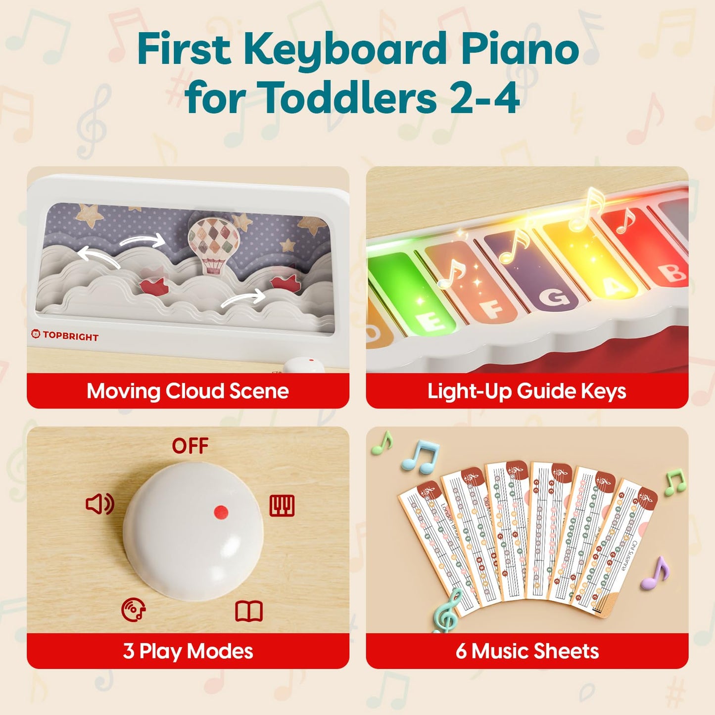 TOPBRIGHT Wooden Toy Piano for Kids, Keyboard Piano with 12 Songs, 3 Modes & Recording, Musical Instrument Learning Toys for Toddlers 1-3, Birthday Gifts for 1+ Year Old Baby Boys Girls -FSC Certified