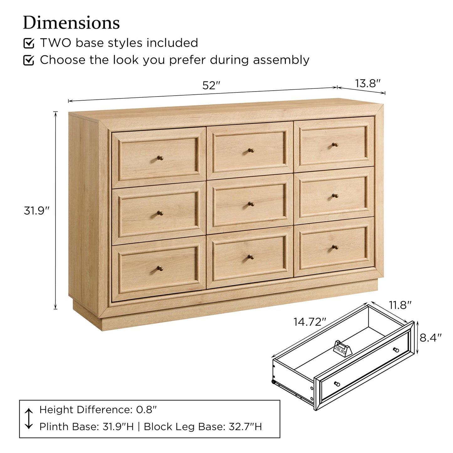 ACCOHOHO 9 Drawer Dresser with Two Included Base Styles, 52" Wide Chest of Drawers, Transitional Modern Closet Dresser with Antique Brass Knobs, Wooden TV Stand for Bedroom, Living Room, Natural Oak
