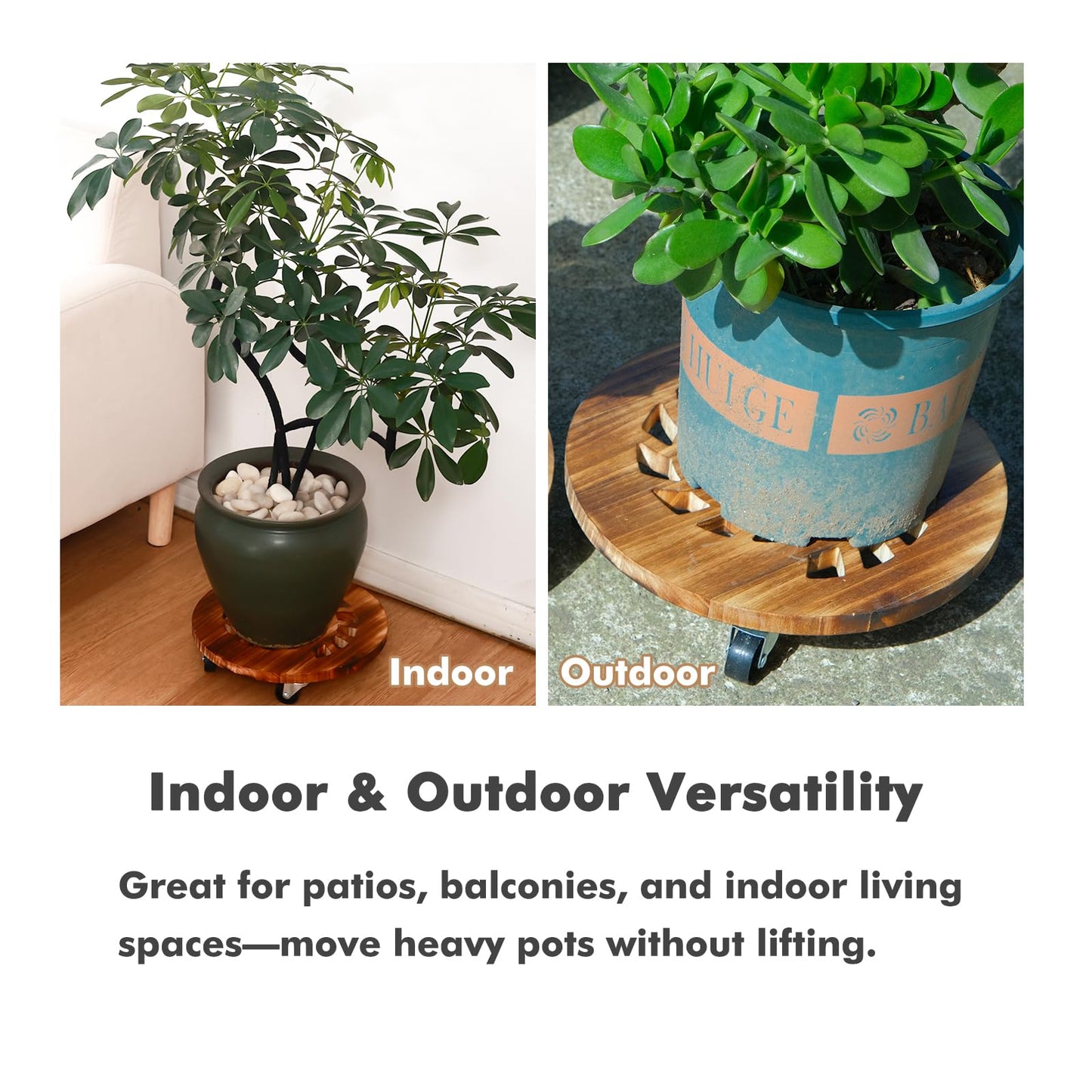 4 Pack Plant Caddy with Wheels Heavy Duty 12 Inch Wooden Plant Stand with Wheels Plant Dolly Rolling Plant Stand Plant Roller with Casters for Indoor and Outdoor with 4 Pack Plant Saucers, Round
