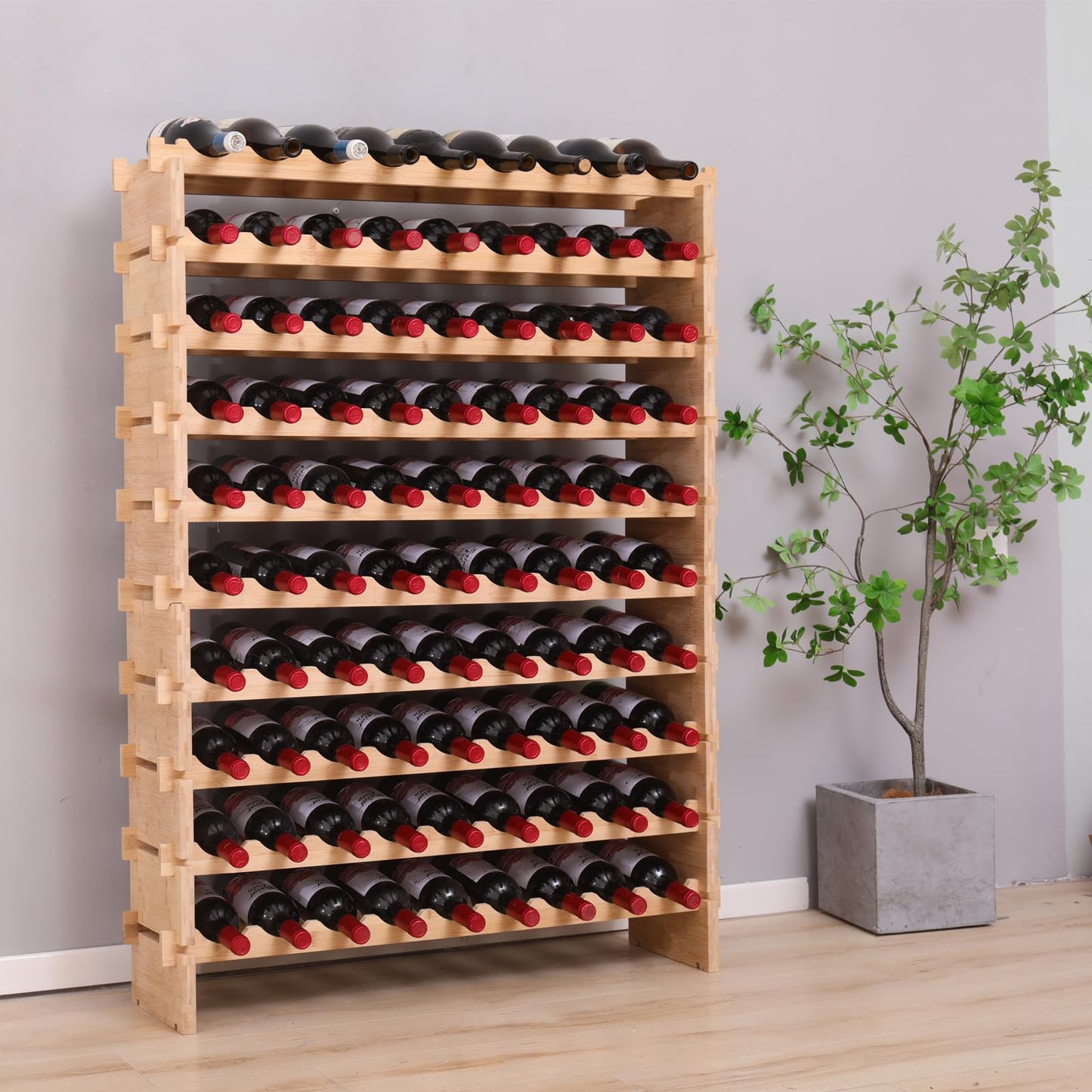 fcxagy 90 Bottle Bamboo Wine Rack Stackable Storage Freestanding Floor Wooden Modular fWine Rack Shelf