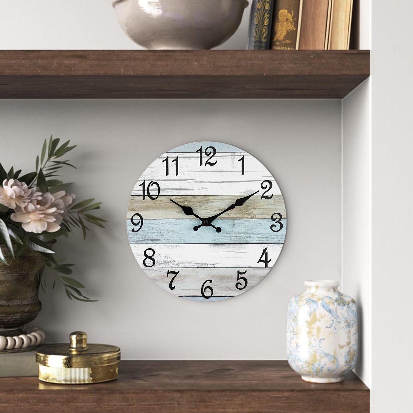 CHYLIN Wall Clock - 16 Inch Silent Non Ticking Coastal Wall Clocks Battery Operated, Wooden Rustic Farmhouse Clock Decorative for Living Room, Kitchen, Bathroom, Office (Blue)