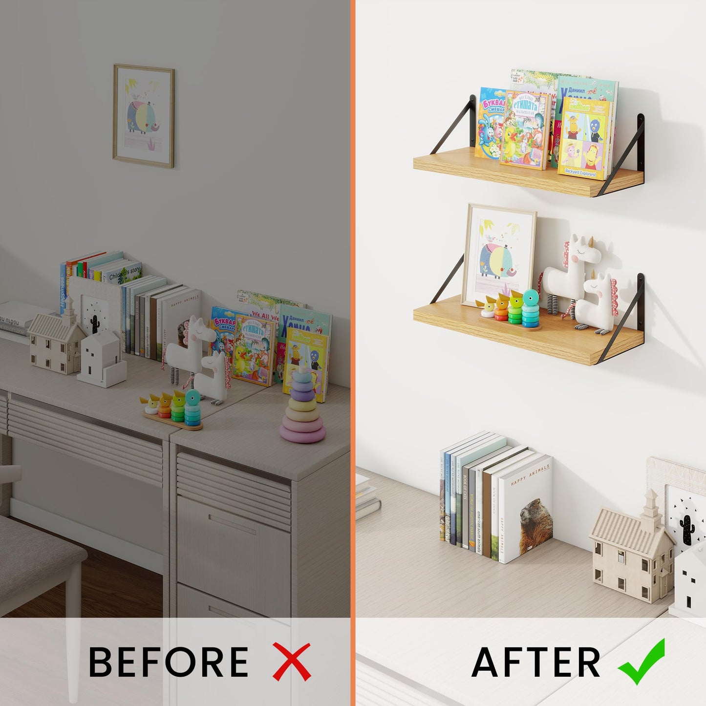 Feihorrm Book Shelf Set of 3, 16 inch Wall Mounted Bookshelf with Metal Brackets, Wall Shelves, Oak Book Shelves, Shelves on Wall, Wooden Bookshelves for Bedroom & Living Room