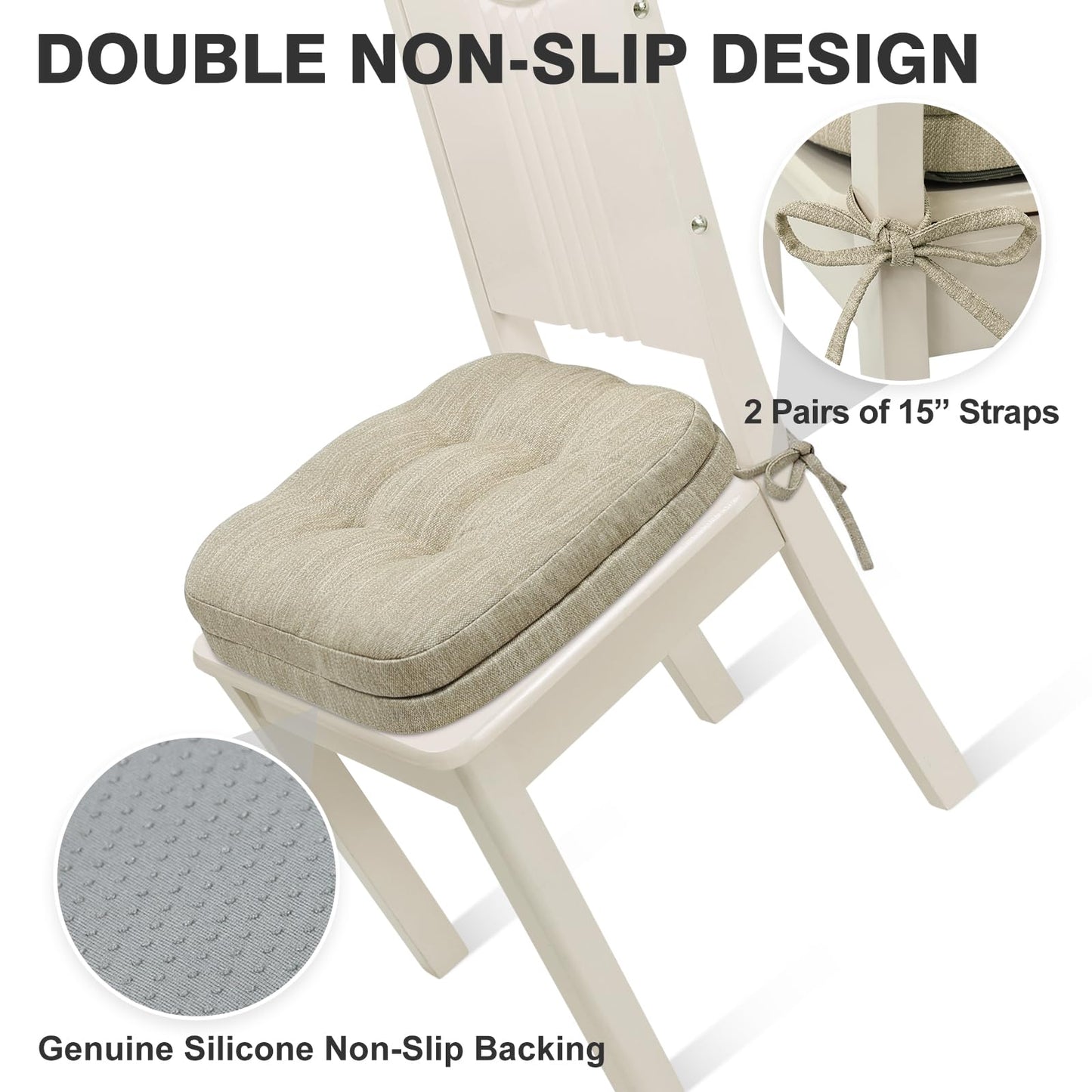 Shinnwa Dining Chair Cushions Set of 6, Dual-Layer Memory Foam Kitchen Chair Cushions, Patented Design Seat Pads with Ties, 16.5 x 16.5 x 3.5in, 6 Pack, Beige