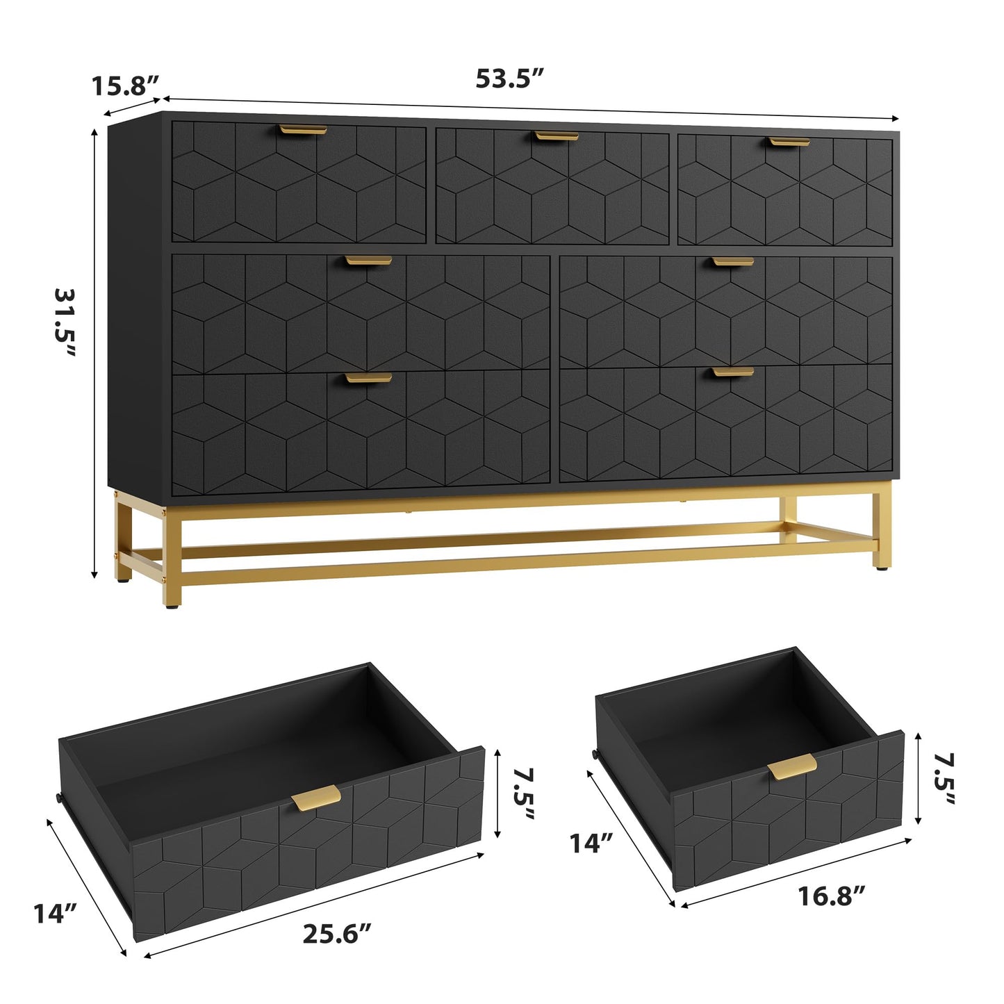 IDEALHOUSE Dresser for Bedroom, 53.5” Wide Dresser Organizer, 7 Drawer with Golden Metal Handle and Legs, Large Modern Chest of Drawers for Closet, Hallway, Living Room, Entryway, Black