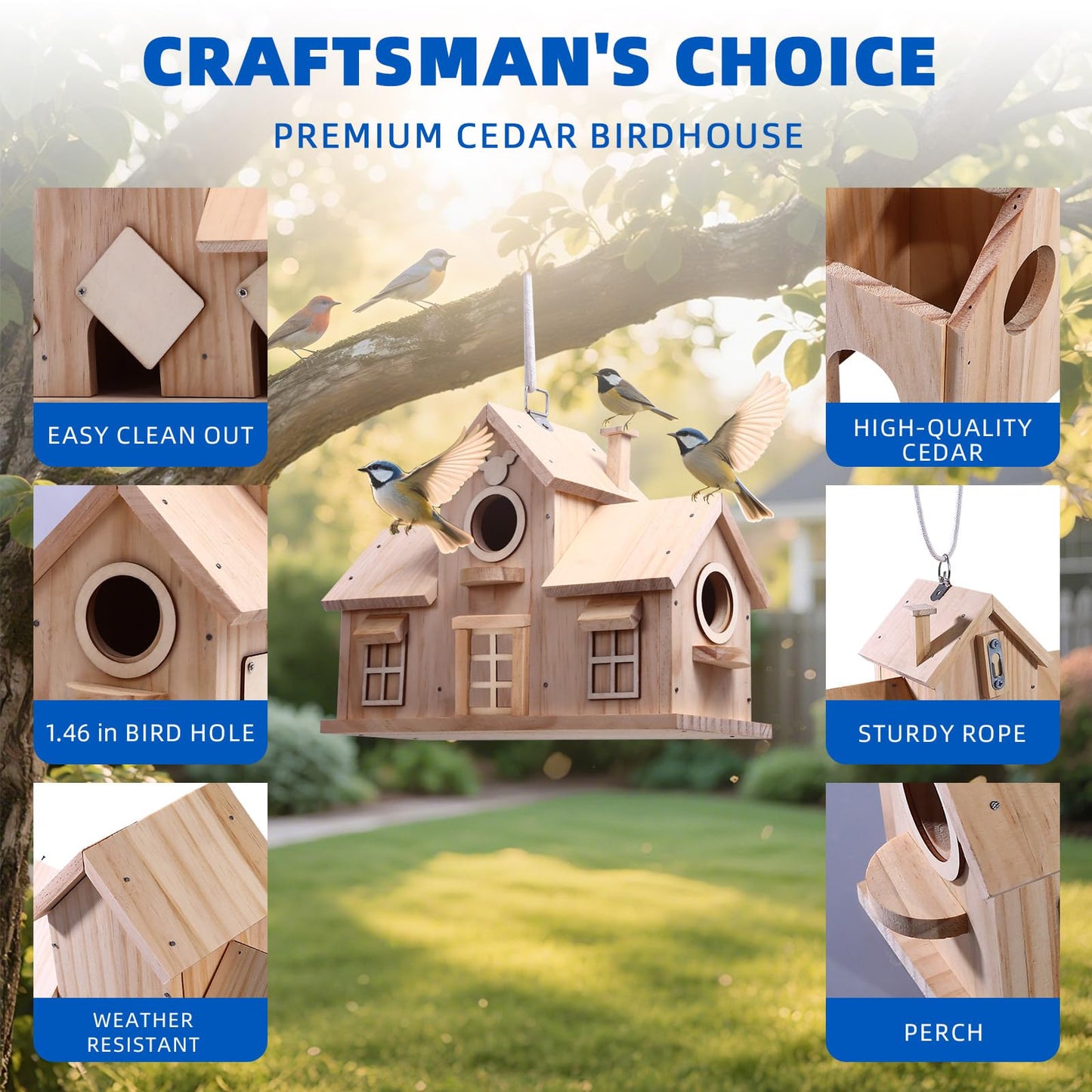 Wooden Birdhouse with Multiple Nesting Compartments, Hanging Bird House, 11.8 x 4.7 x 8.66 Inch