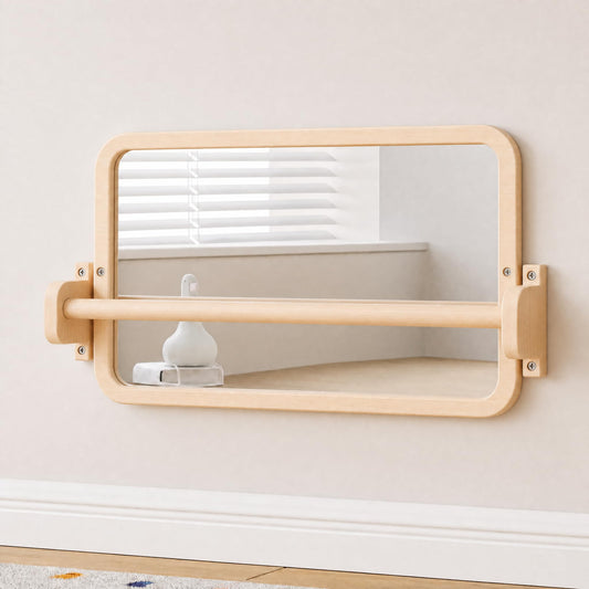 Woodtoe Montessori Mirror with Bar, Adjustable Tummy Time Floor Mirror, Baby Pull to Stand Toys, Natural Unpainted Solid Wood Frame, Baby Pull Up Bar, Developmental Toys for Nursery (Small Size)
