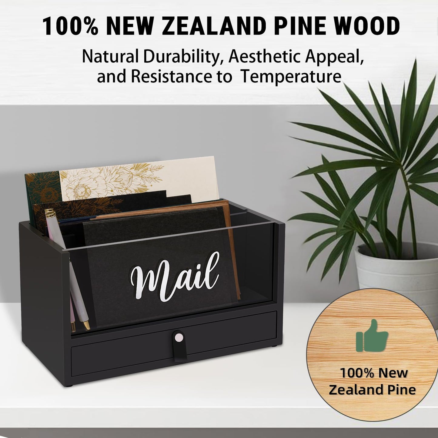Two-Layer Solid Wooden Mail Storage Organizer Holder with Clear Acrylic Top and Bottom Drawer, Leather Handle, Keeping Mail, Bills, Letters, Cards and Office Supplies in One Place, Home Decor Gifts