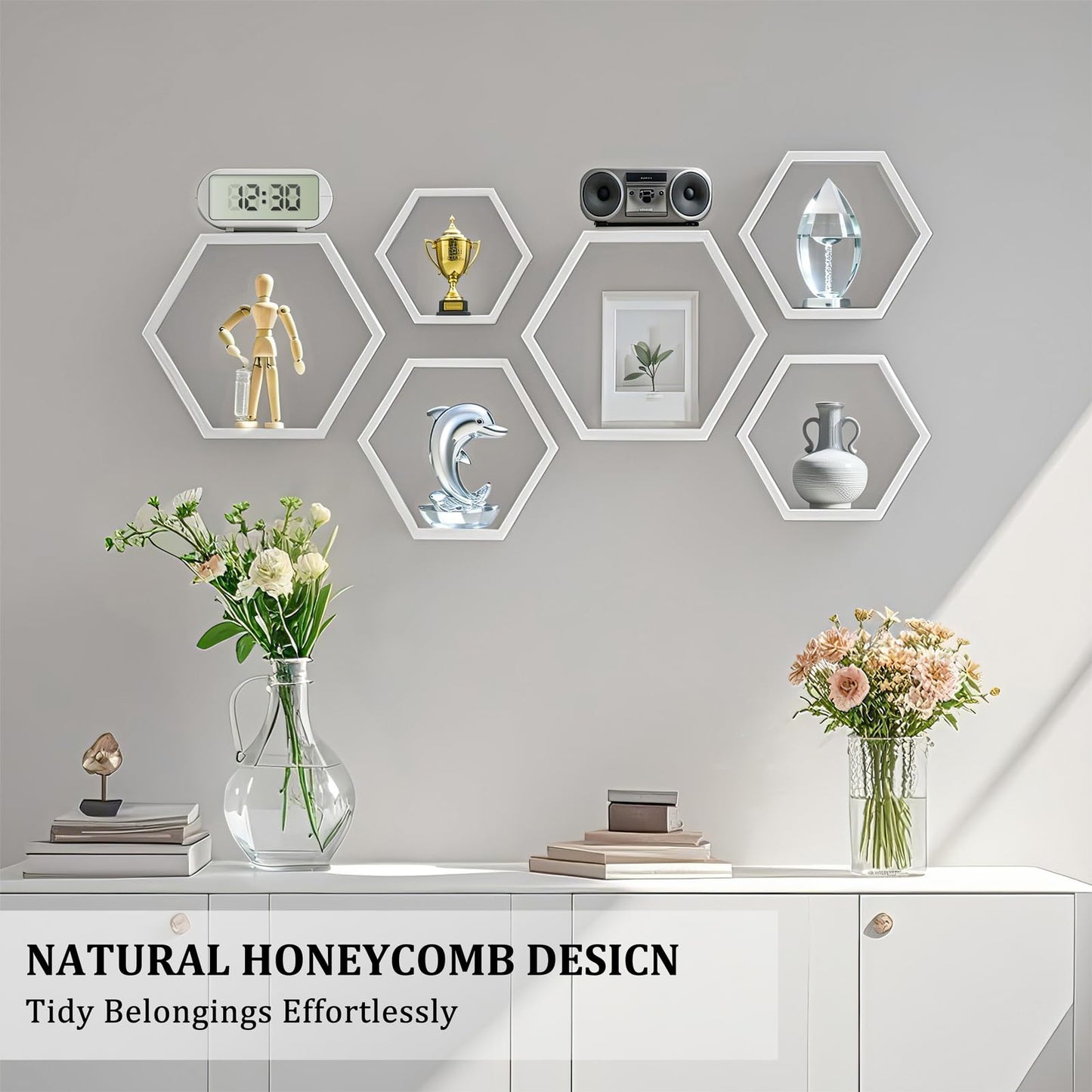 ZGZD Set of 3 White Wooden Hexagon Wall Shelves - Modern Decorative Storage for Home, Kitchen, Office Stylish Floating Shelves for Small Plants, Books, and Decor