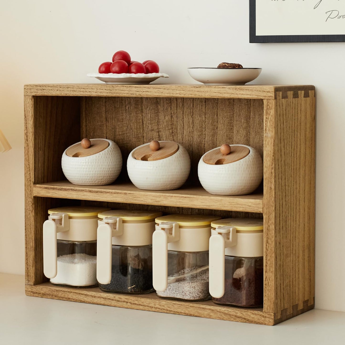 KIRIGEN 2-Tier Wooden Storage Cabinet, Solid Wood Kitchen Counter Organizer, Multi-Functional Storage Shelf for Mugs, Spices, Cosmetics, Coffee, Figure, Home Accessories Storage Rack BZG-DBR