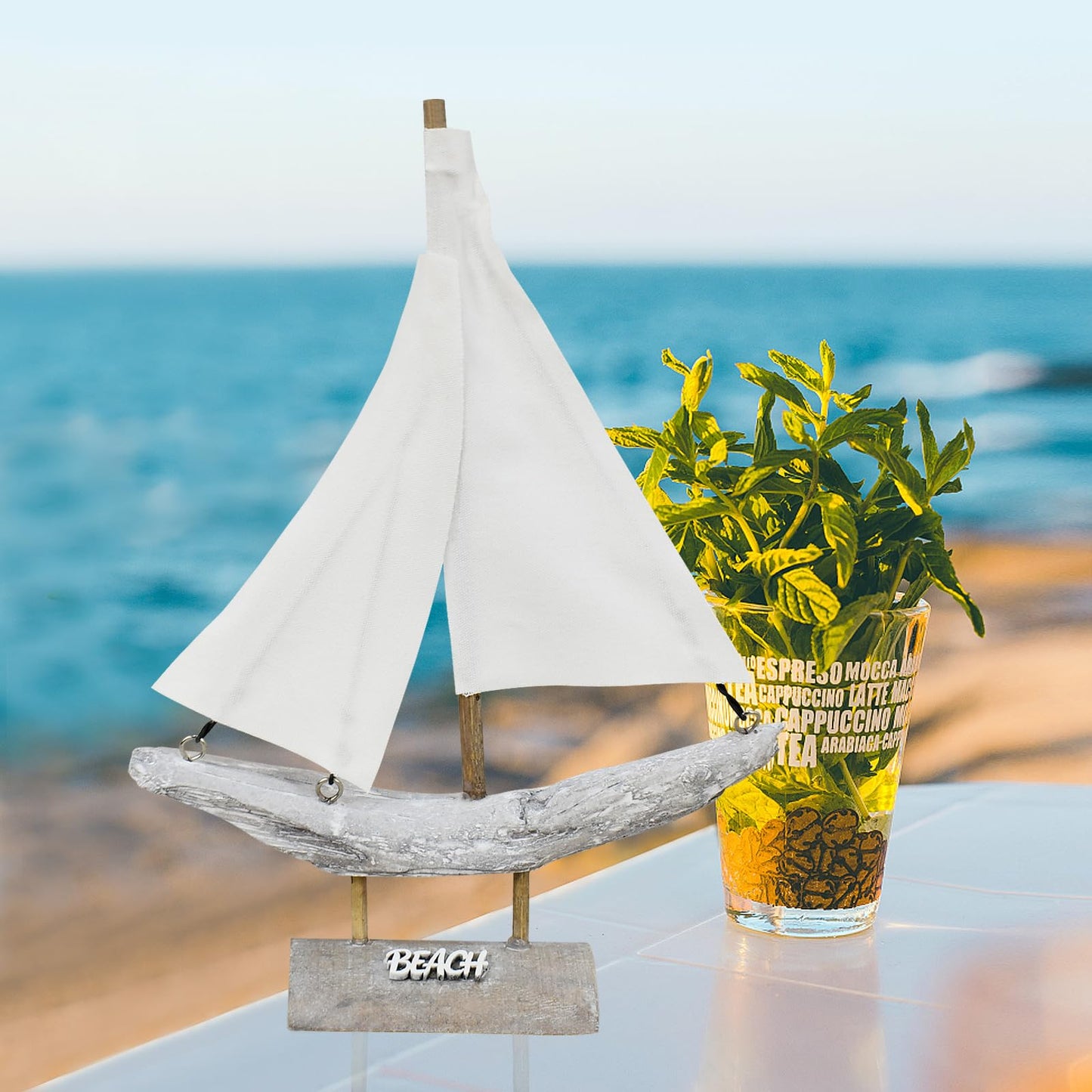 Aecipl Wooden Sailboat Nautical Sail Boat Decor Coastal Tabletop Centerpiece Home Shelf Decoration Beach Themed Statue Ornaments for Bathroom Room Bedroom (B)