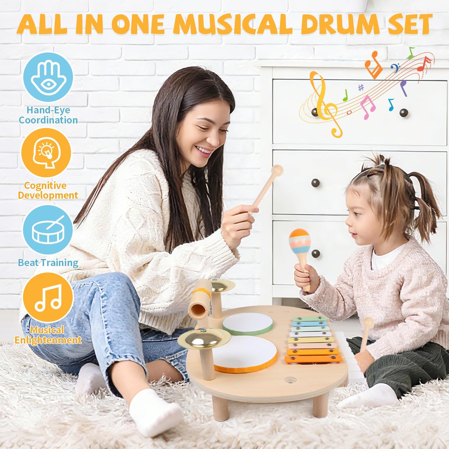 YHHYTOY Baby Drum Set, Wooden Baby Musical Instruments for Toddlers 1-3, Musical Activity Table Percussion Set with Xylophone Cymbal Piano, Montessori Christmas Preschool Birthday Gifts for Kids