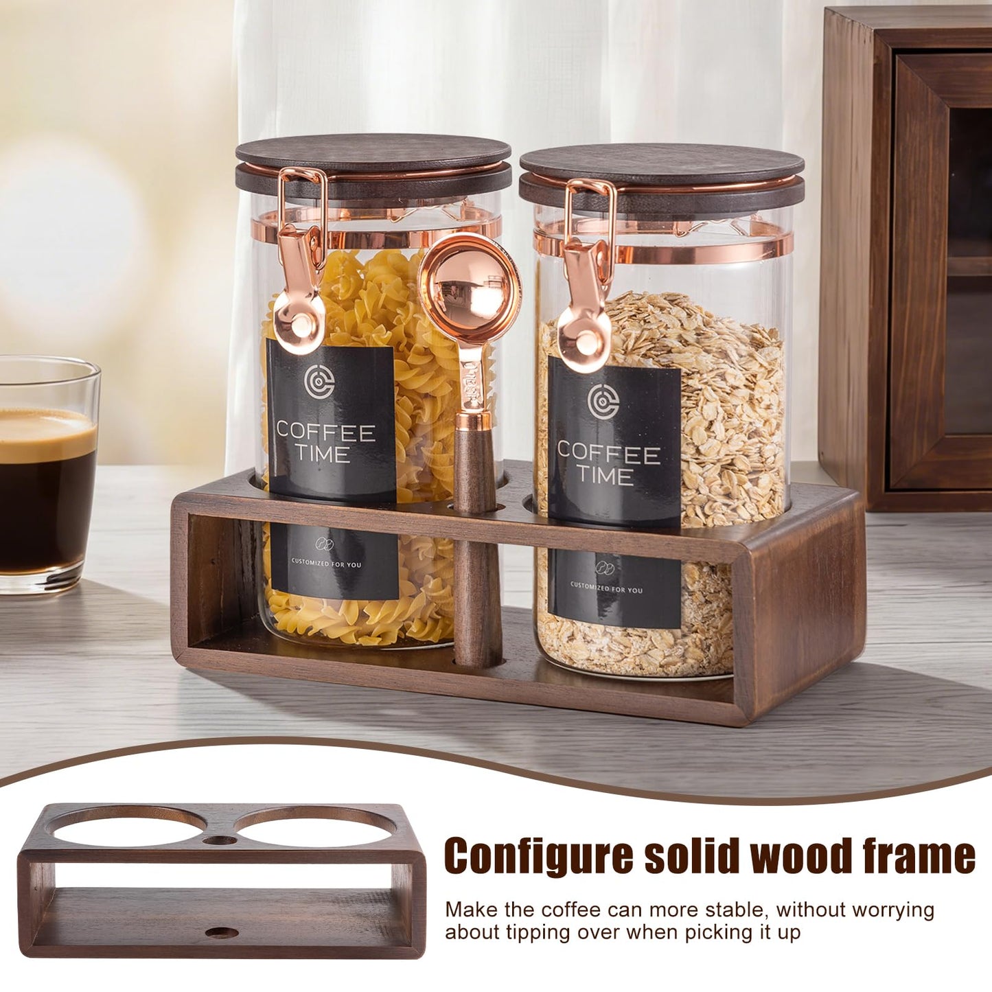 Flmeyaza Glass Coffee & Sugar Canister Set, 2×45OZ Airtight Glass Storage Jars with Wooden Shelf and Scoop, Airtight Food Containers for Coffee Beans, Ground Coffee, Sugar and Tea（Rose Gold）